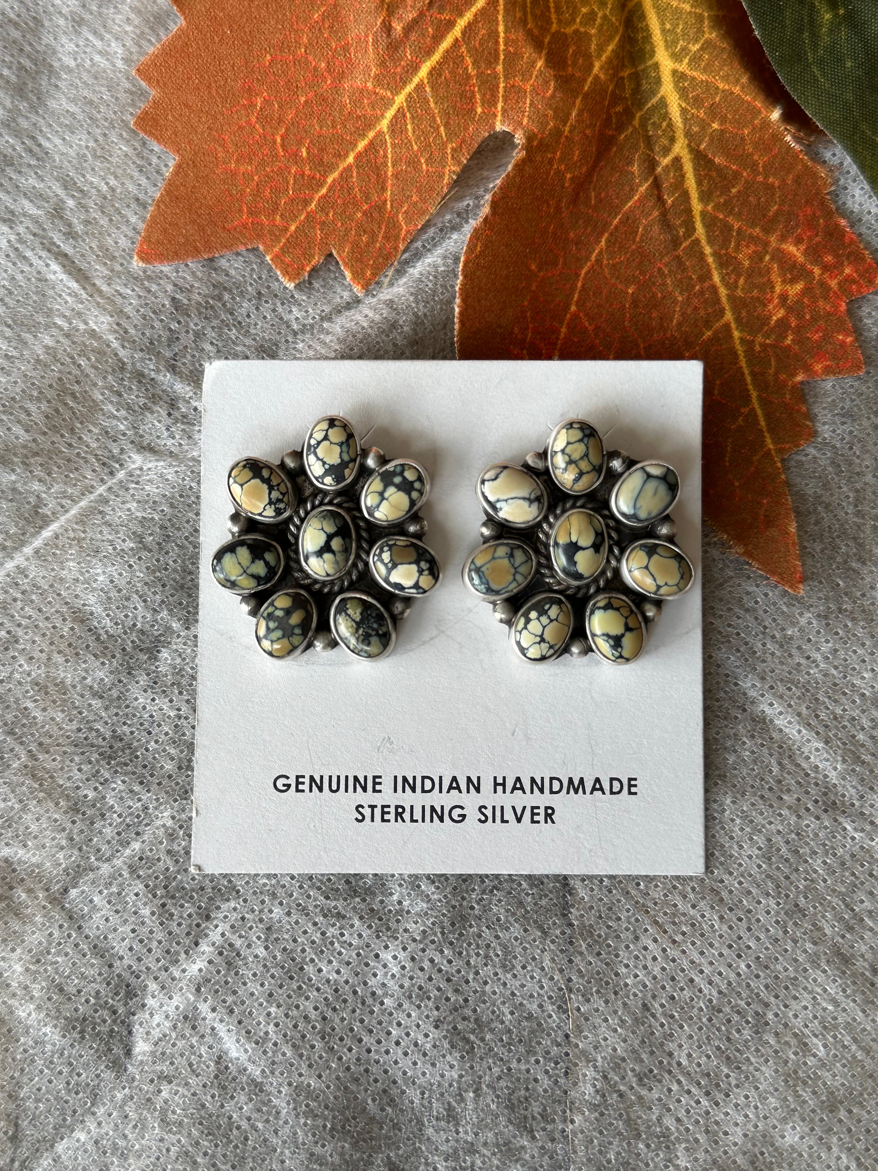 Linda Yazzie New Lander Turquoise & Sterling Silver Post Cluster Earrings