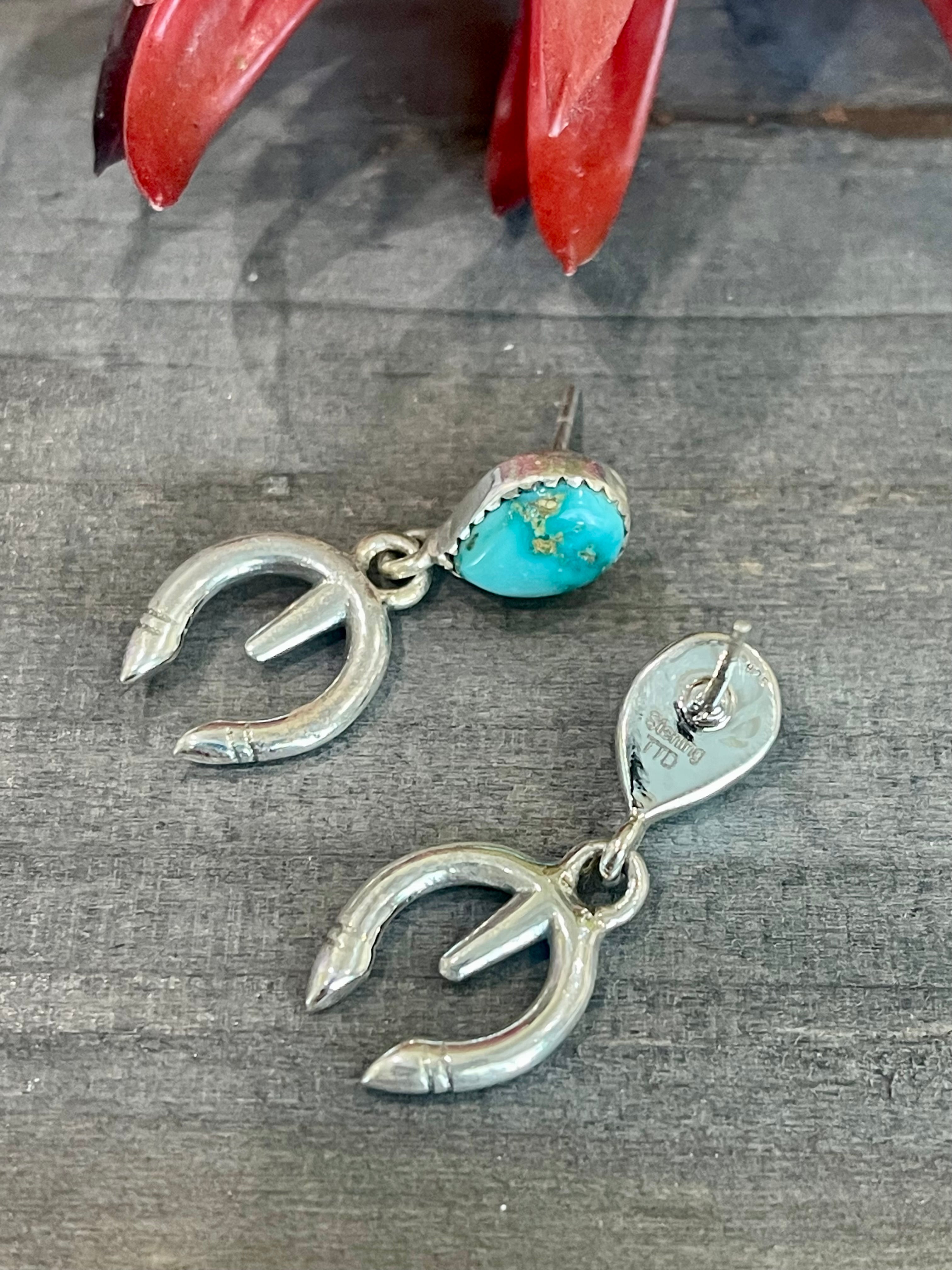 Southwest Handmade Kingman Turquoise & Sterling Silver Post Dangle Naja Earrings