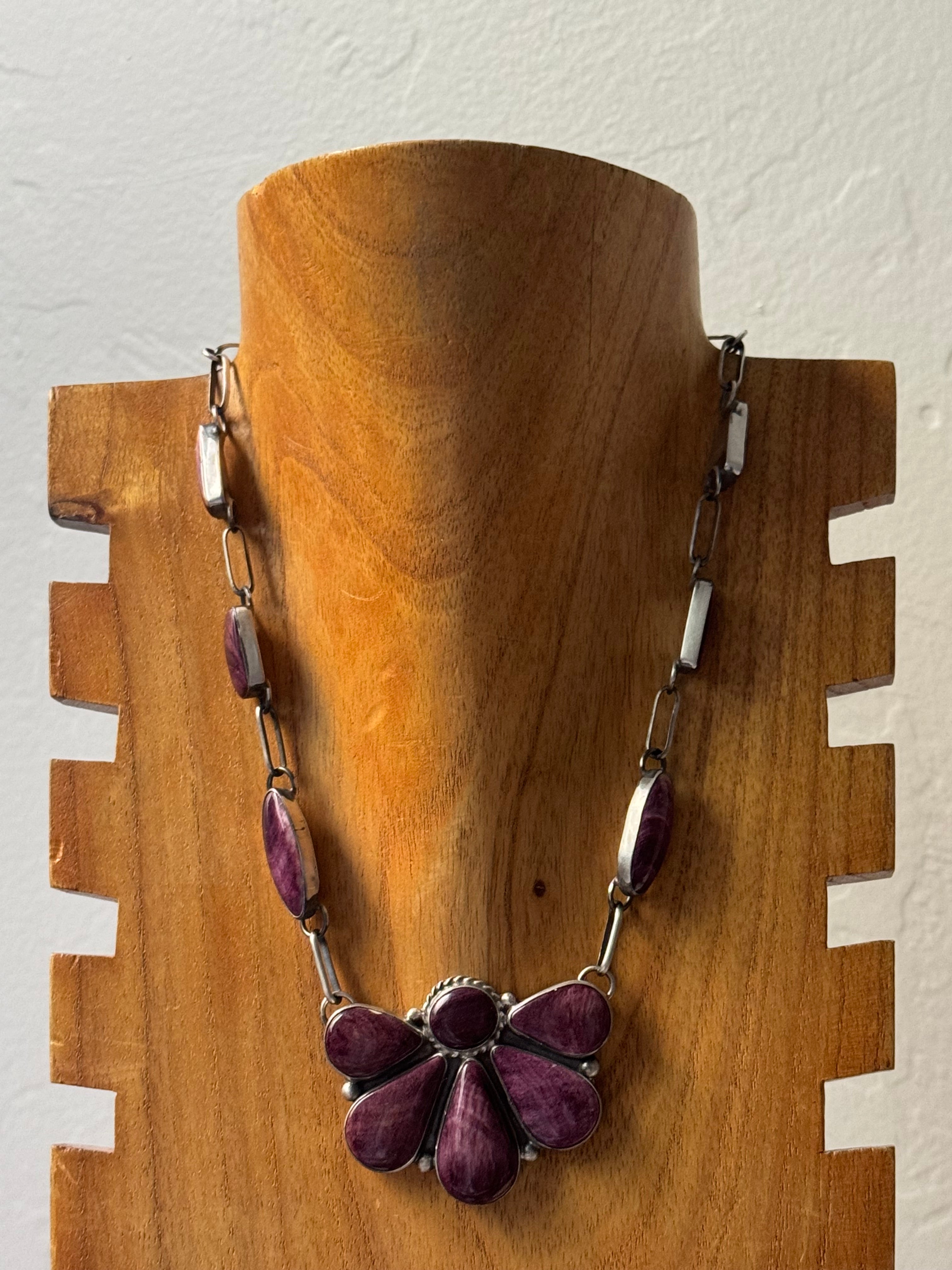 Navajo Made Purple Spiny Oyster & Sterling Silver Cluster Necklace Set