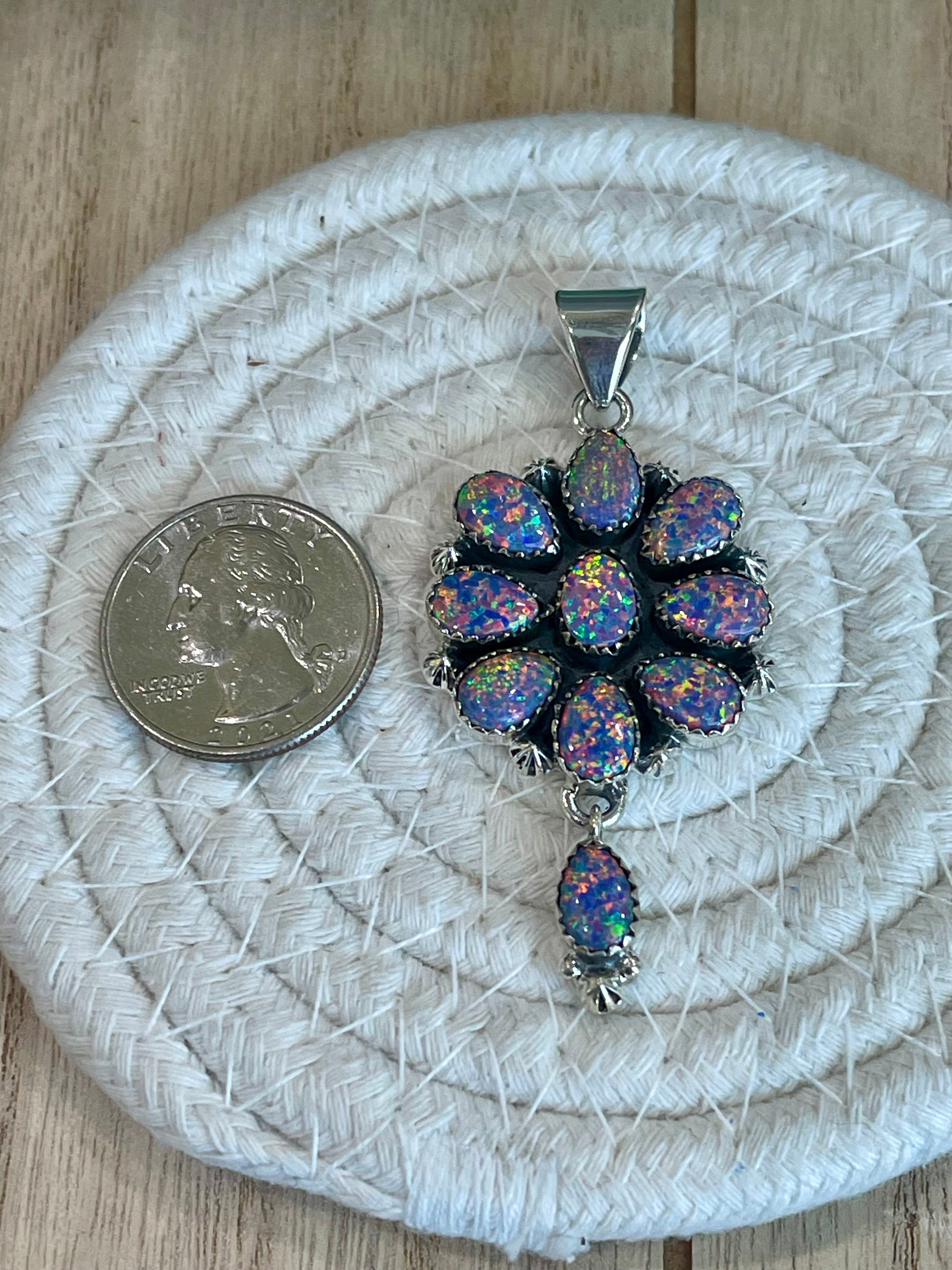 Southwest Handmade Opal & Sterling Silver Cluster Dangle Pendant