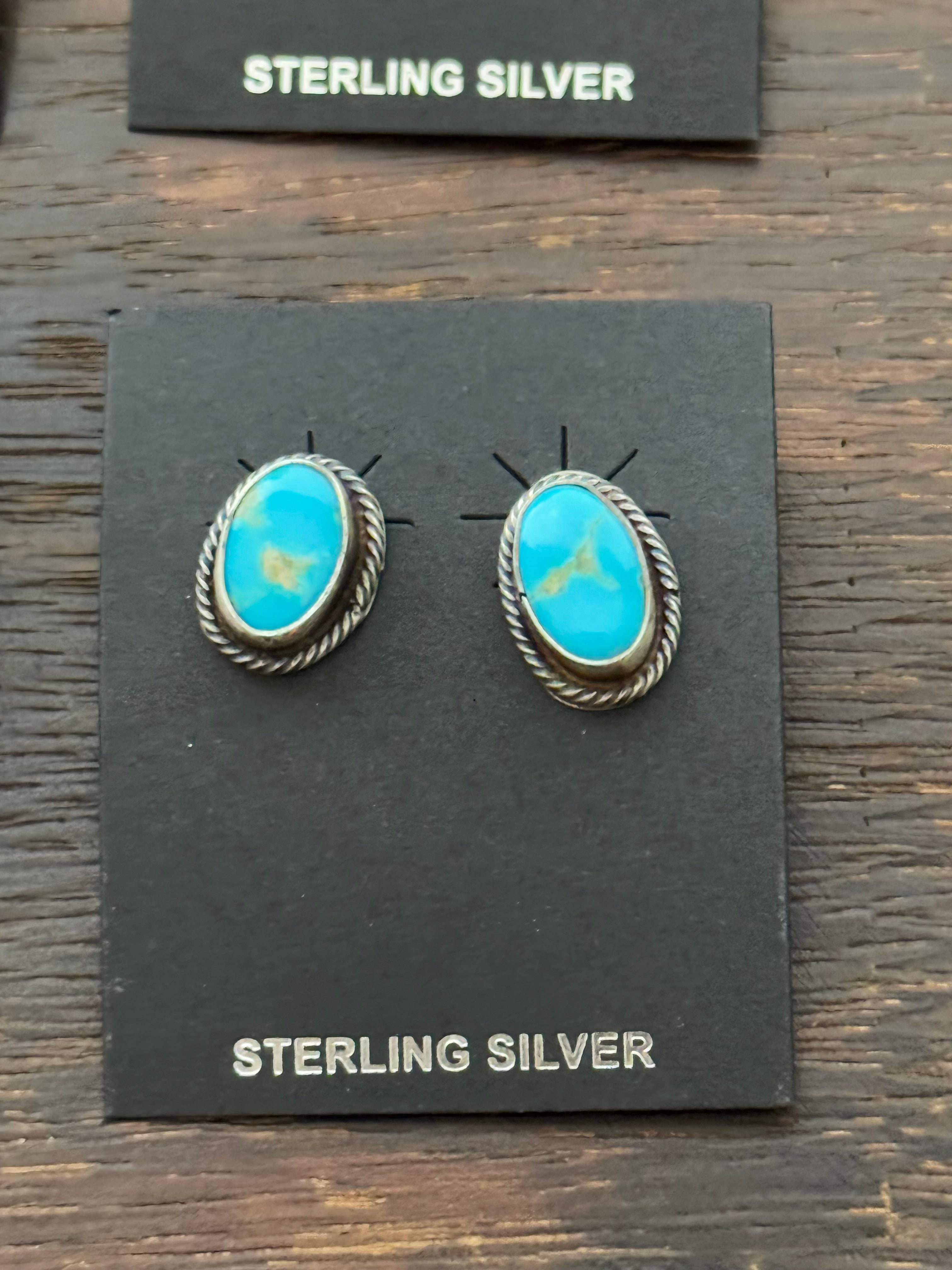 Navajo Made Kingman Turquoise & Sterling Silver Post Earrings