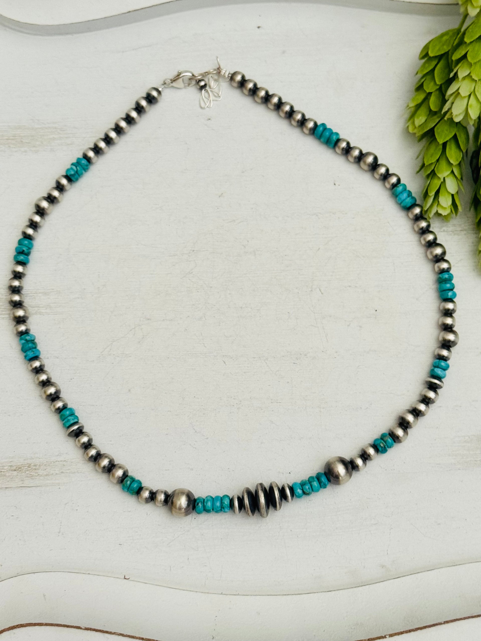 Navajo Strung Kingman Turquoise & Sterling Silver Graduated Beaded Pearl Necklace