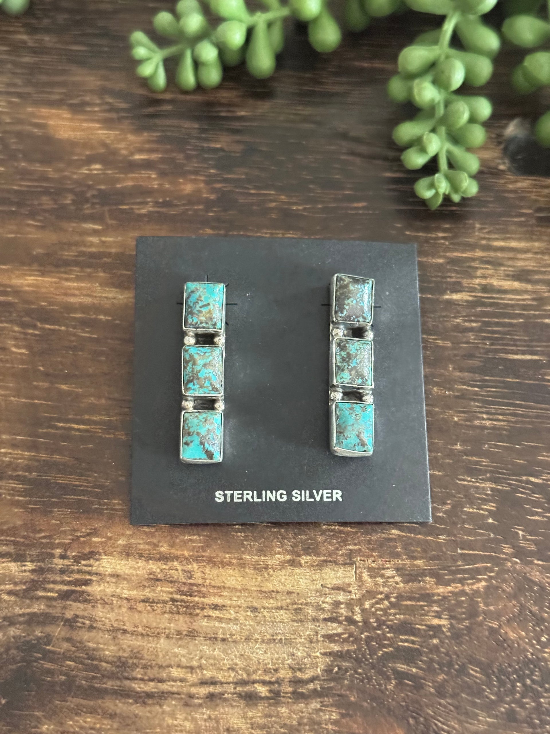 Navajo Made Red Skin Turquoise & Sterling Silver Post Dangle Cluster Earrings