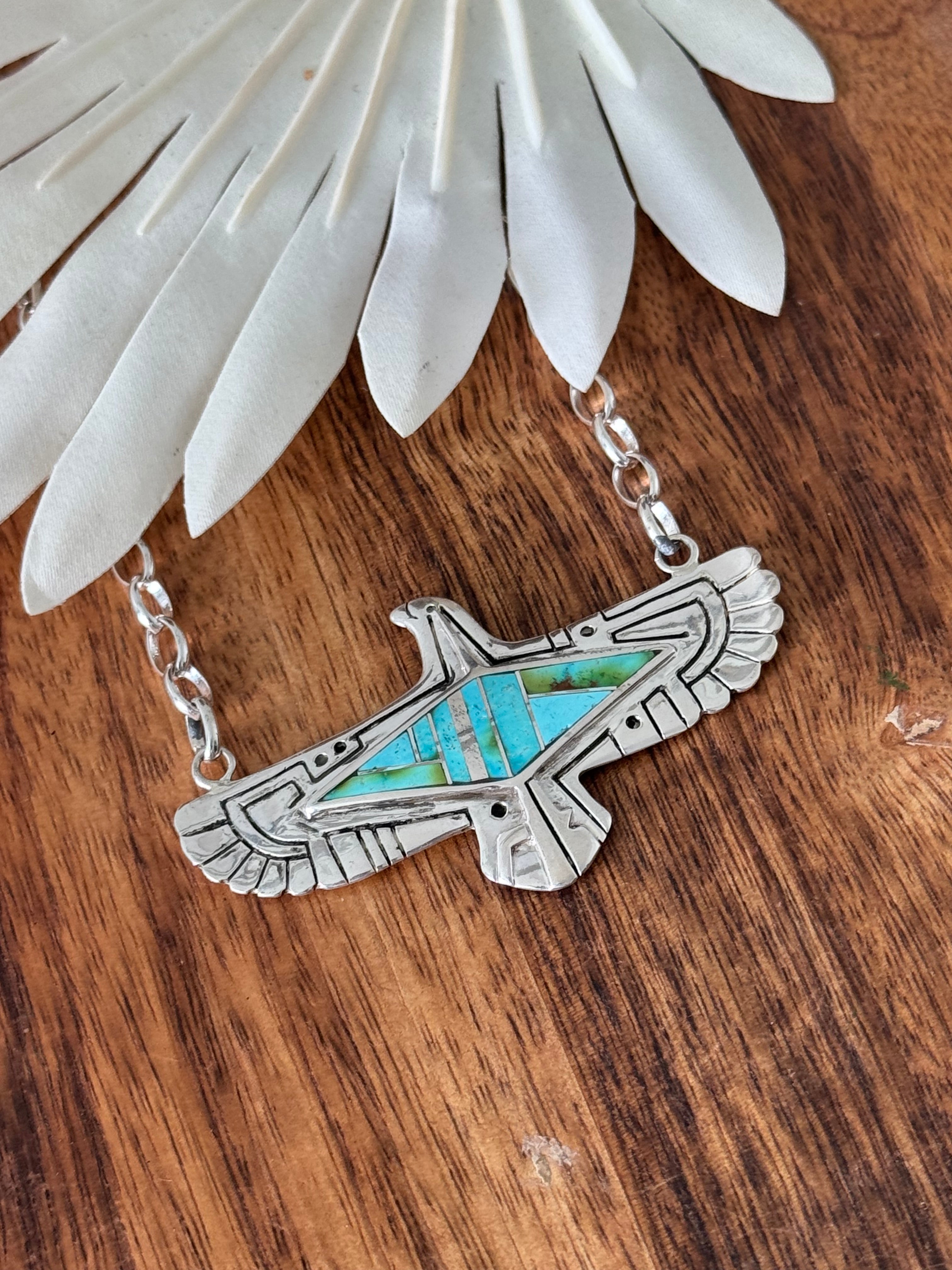 Navajo Made Sonoran Mountain Turquoise & Sterling Silver Inlay Thunderbird Necklace