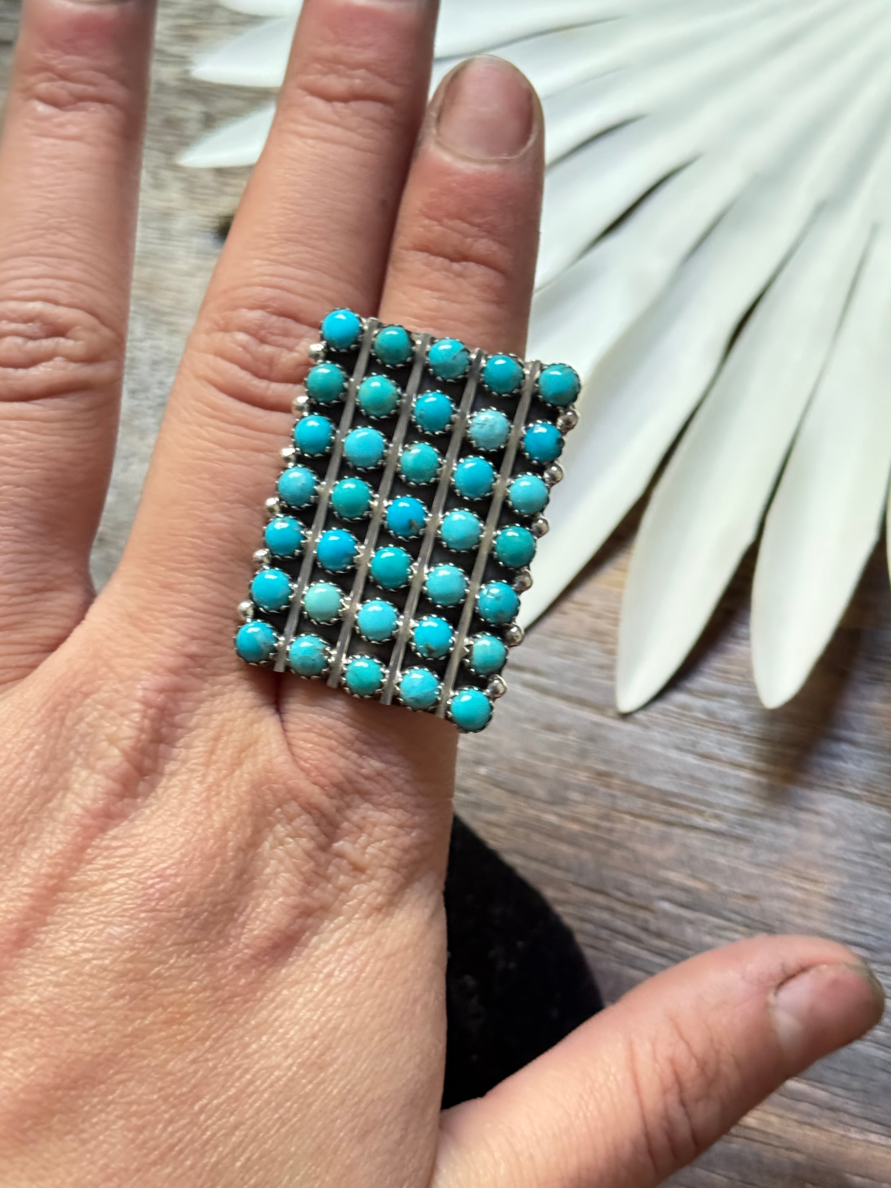 Navajo Made Kingman Turquoise & Sterling Silver Cluster Ring Size 6.75