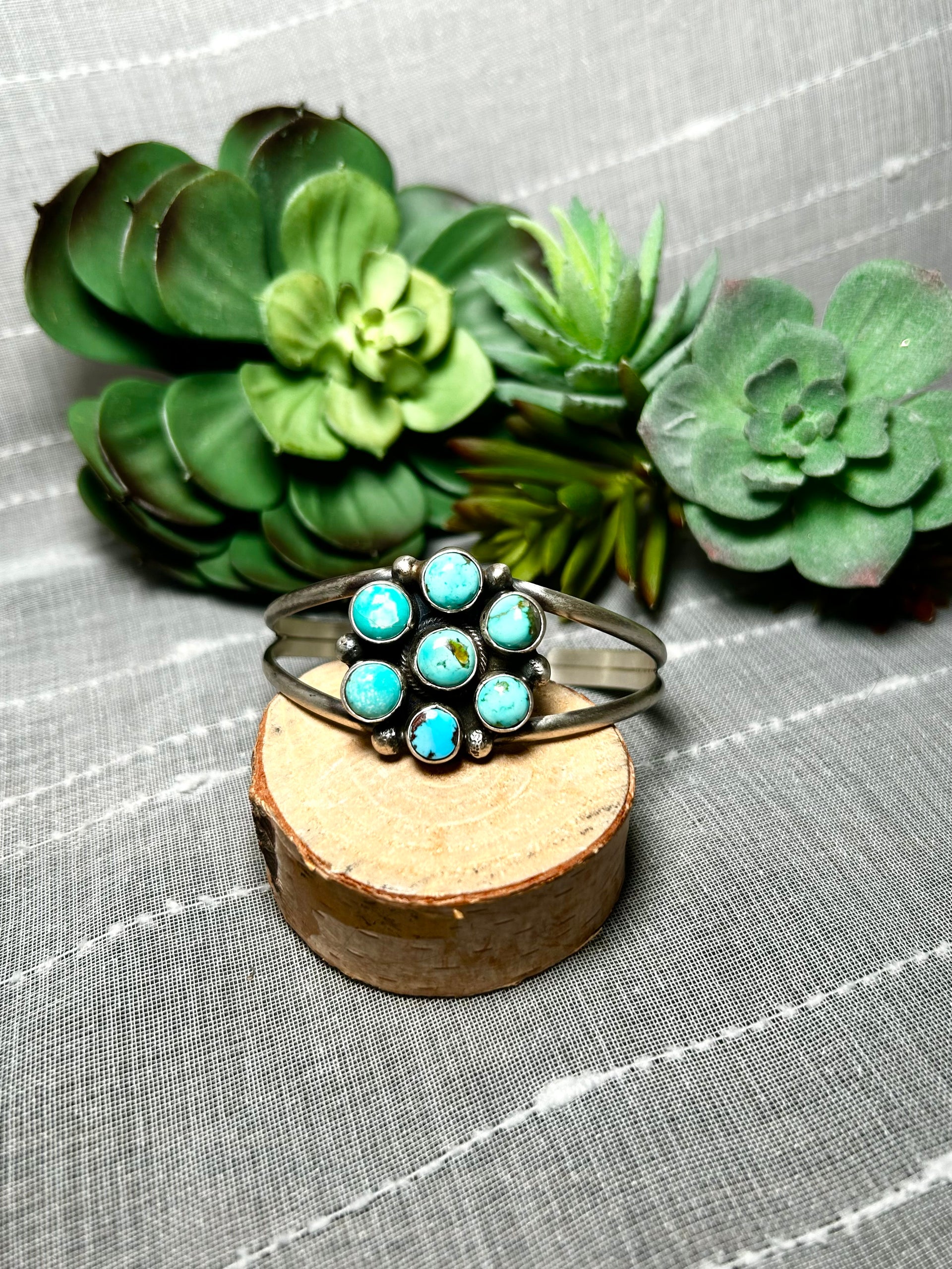 Navajo Made Mixed Turquoise & Sterling Silver Cluster Cuff Bracelet