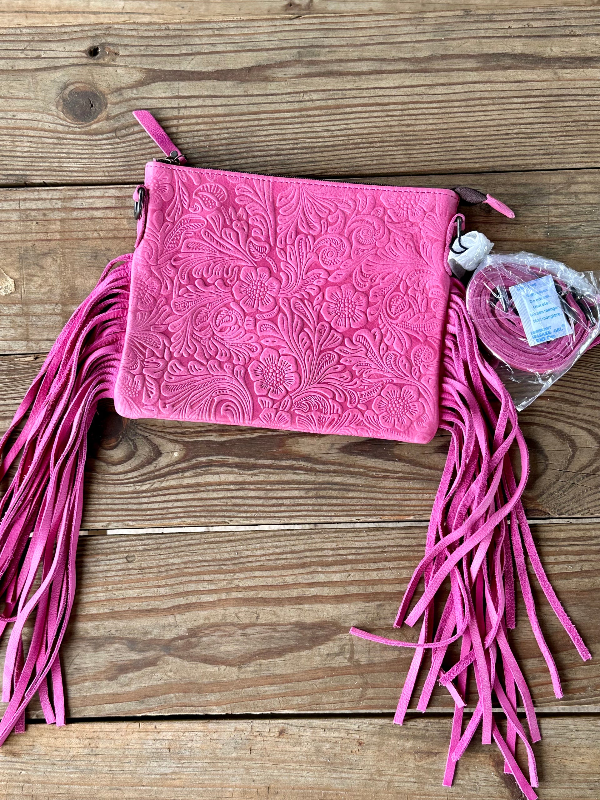 Genuine Leather Tooled Cross Body Fringe Purse