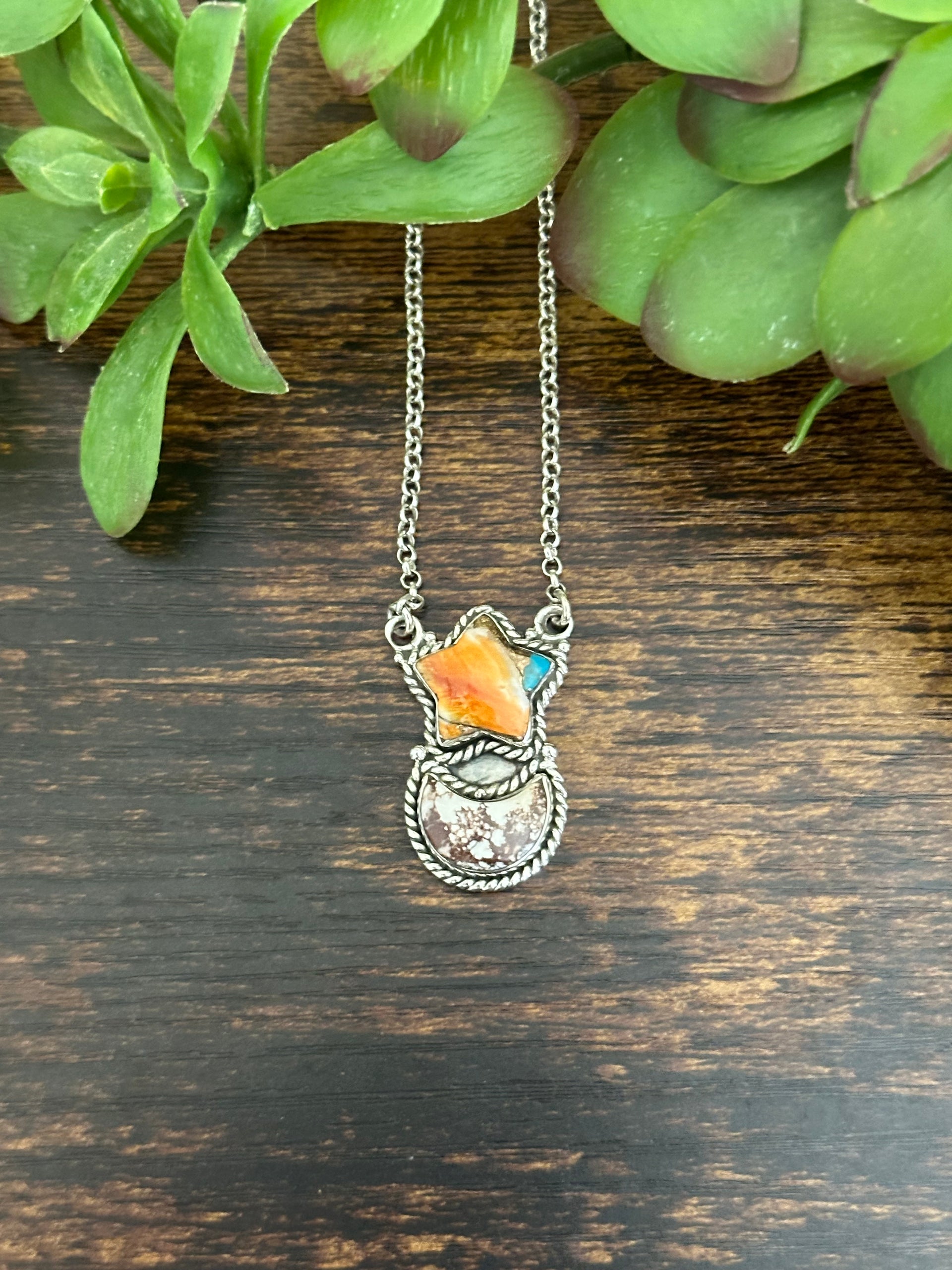 Southwest Handmade Multi Stone & Sterling Silver Moon Star Necklace