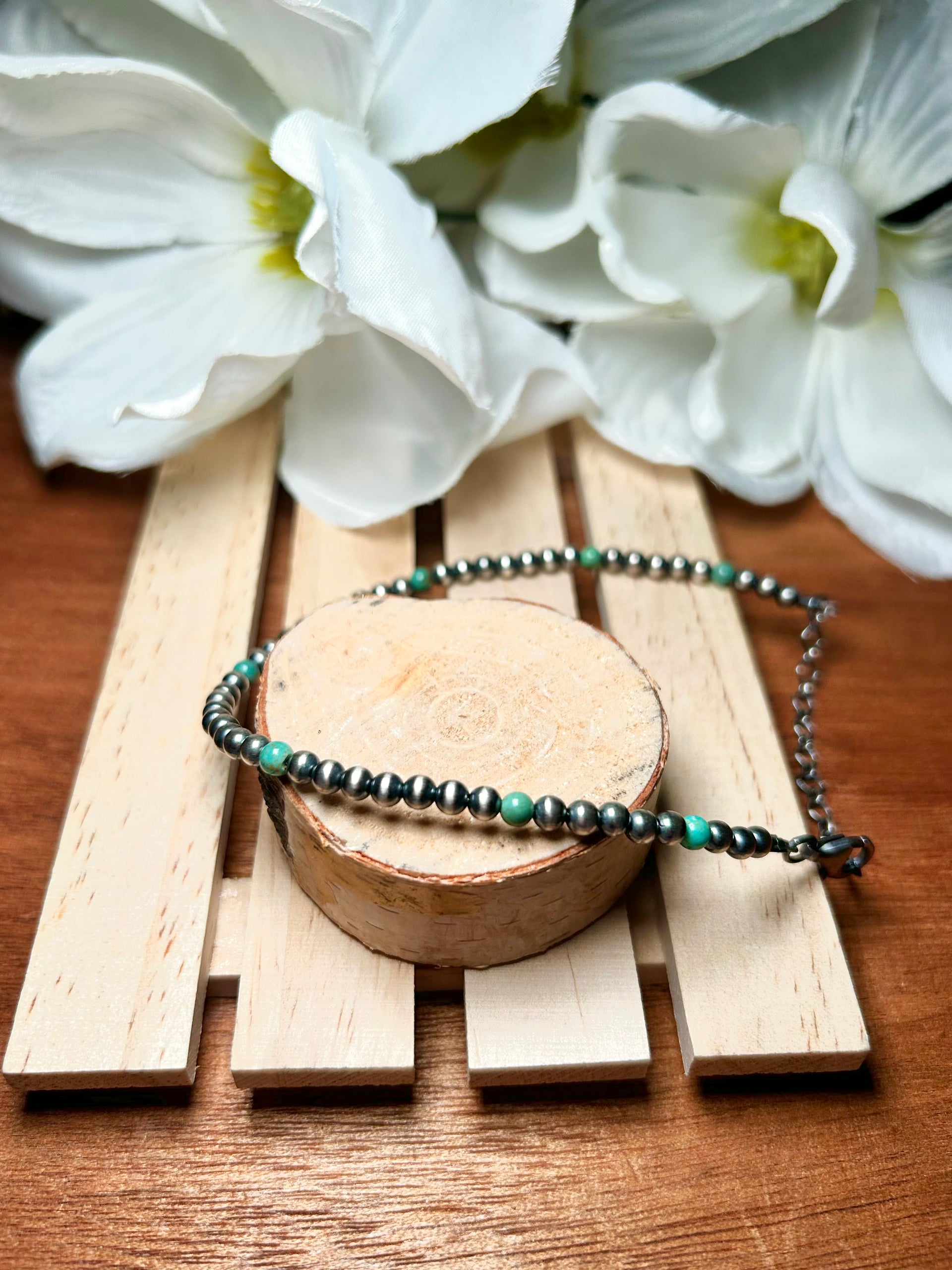 Navajo Made Kingman Turquoise & Sterling Silver Strung Anklet