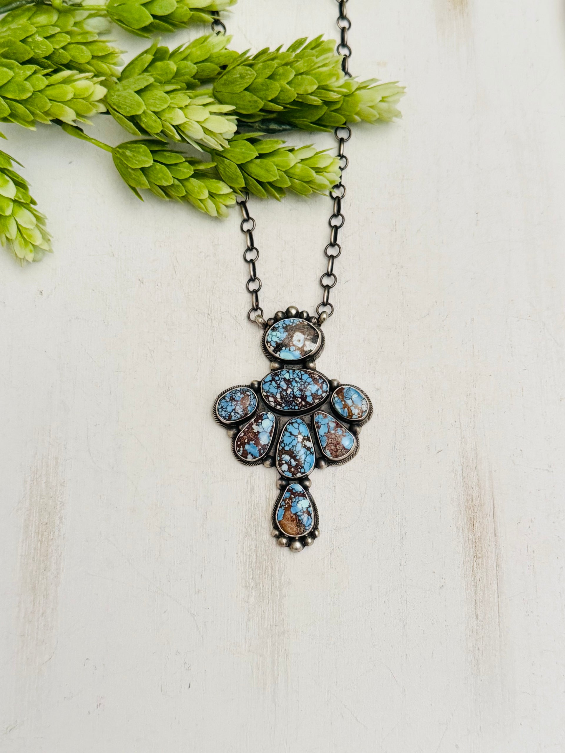 Timothy Yazzie High Grade Golden Hills Turquoise & Sterling Silver Cluster Necklace