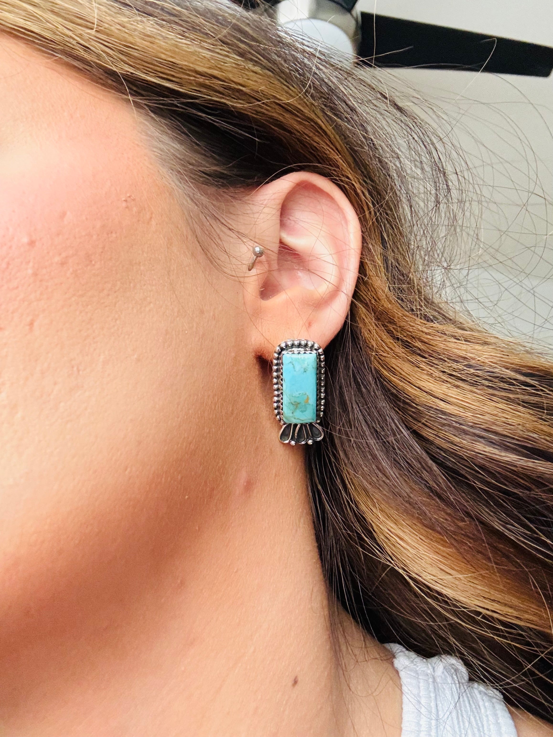 Southwest Handmade #8 Turquoise & Sterling Silver Post Bar Earrings