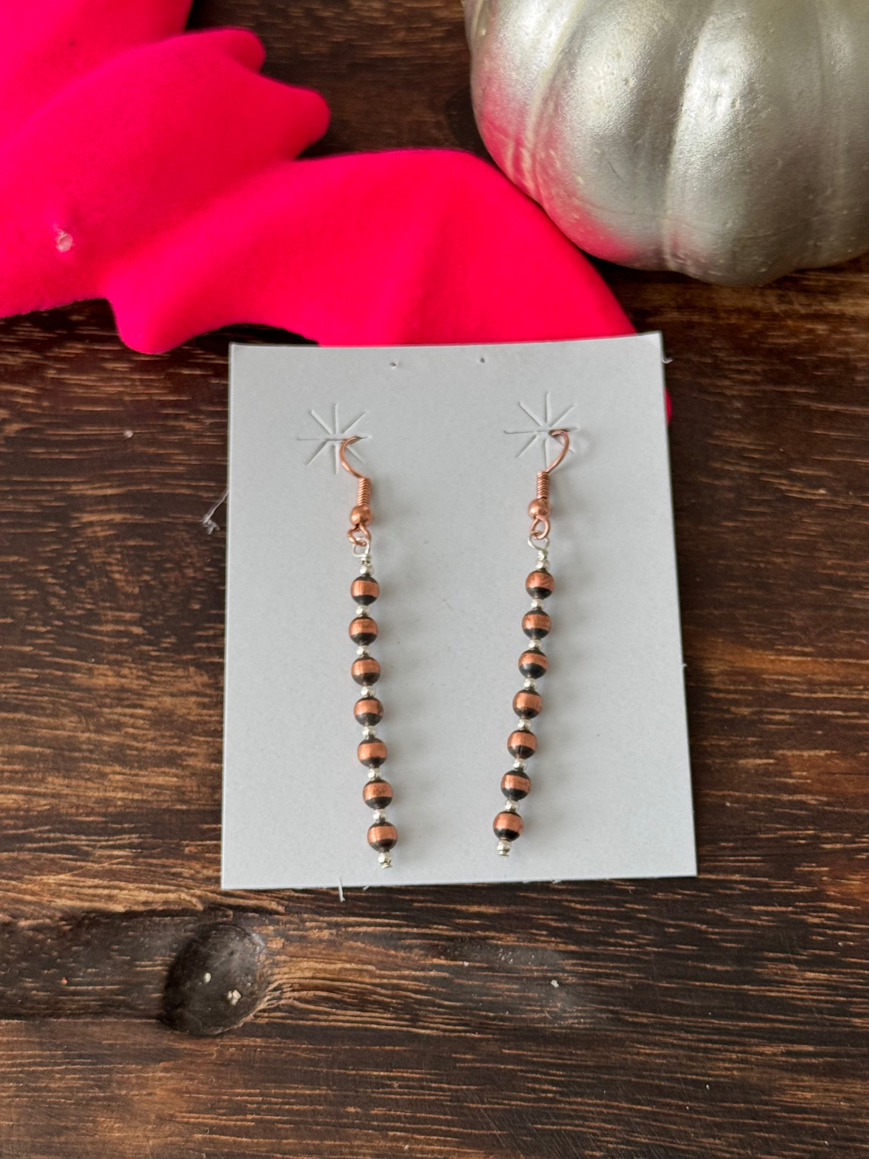 Navajo Strung Copper & Sterling Silver Graduated Pearls Dangle Earrings