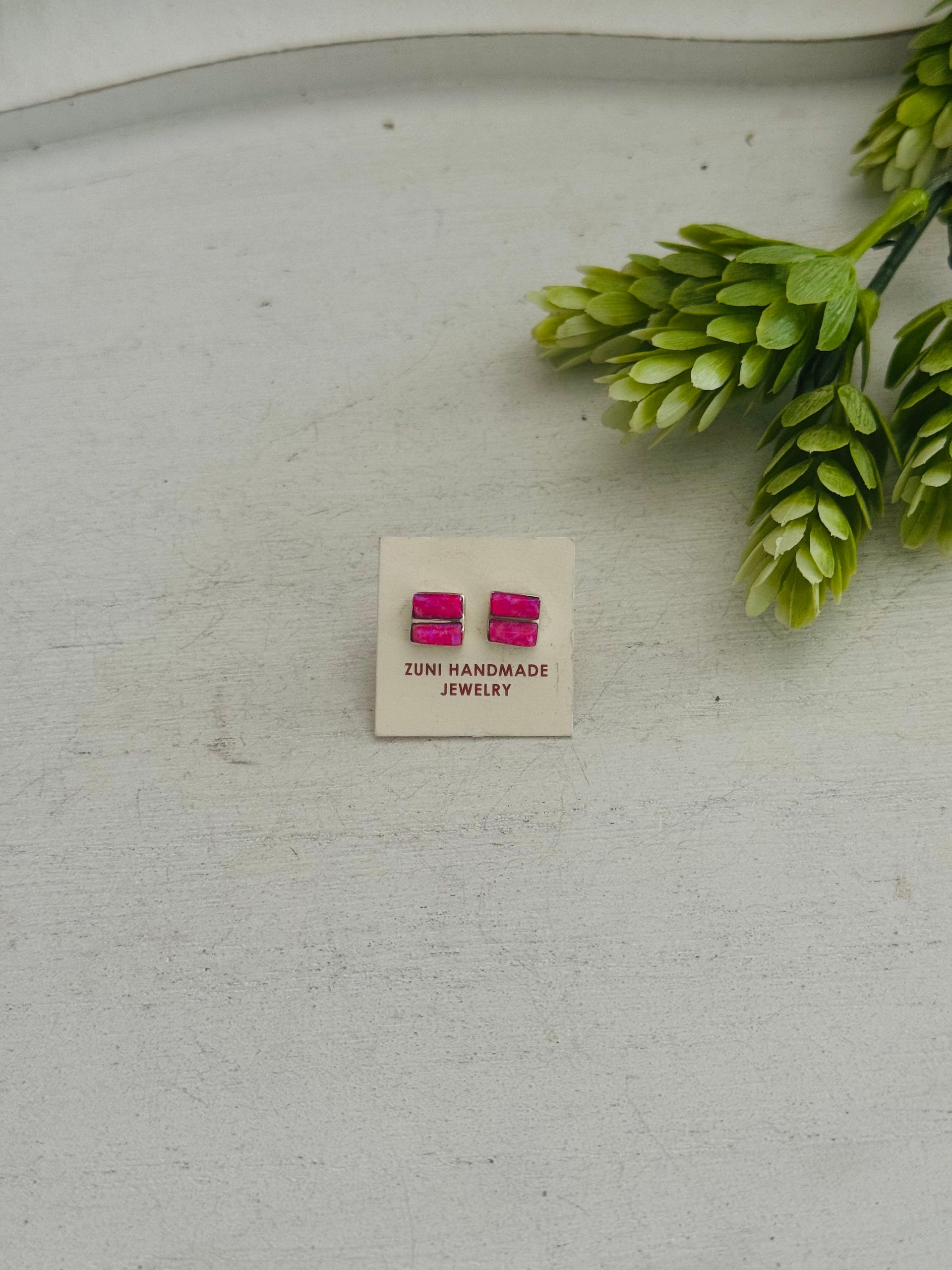 Zuni Handmade Pink Opal & Sterling Silver Post Earrings
