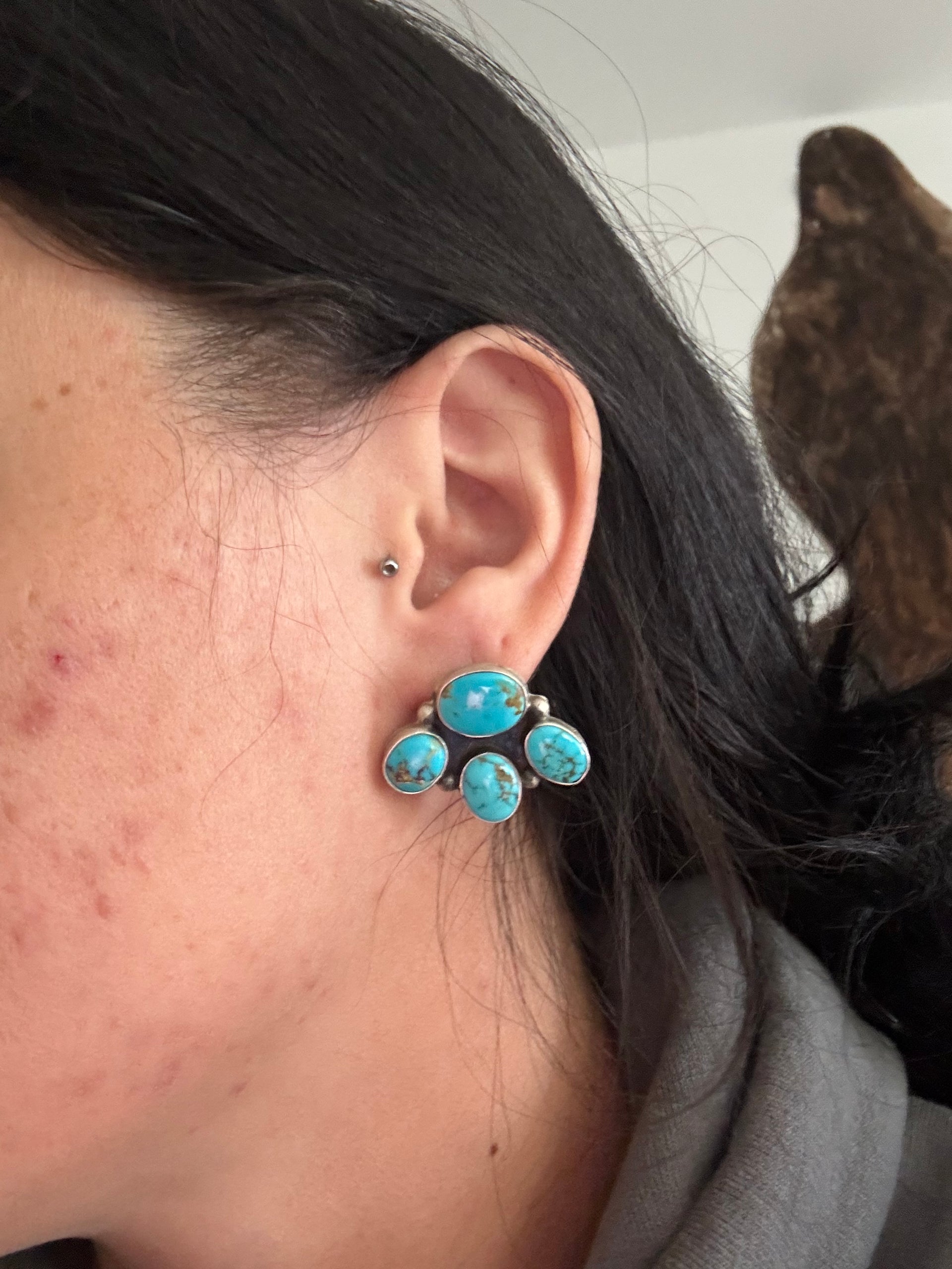 Navajo Made Kingman Turquoise & Sterling Silver Post Dangle Cluster Earrings