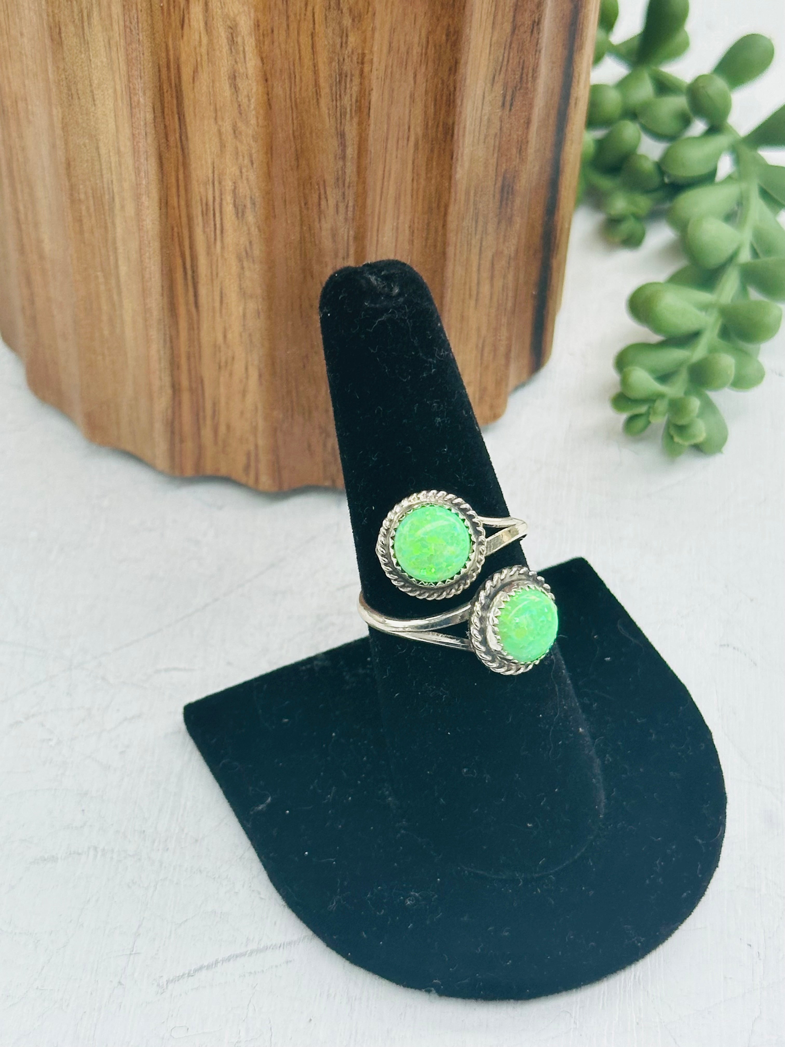 Navajo Made Green Opal & Sterling Silver Adjustable Ring