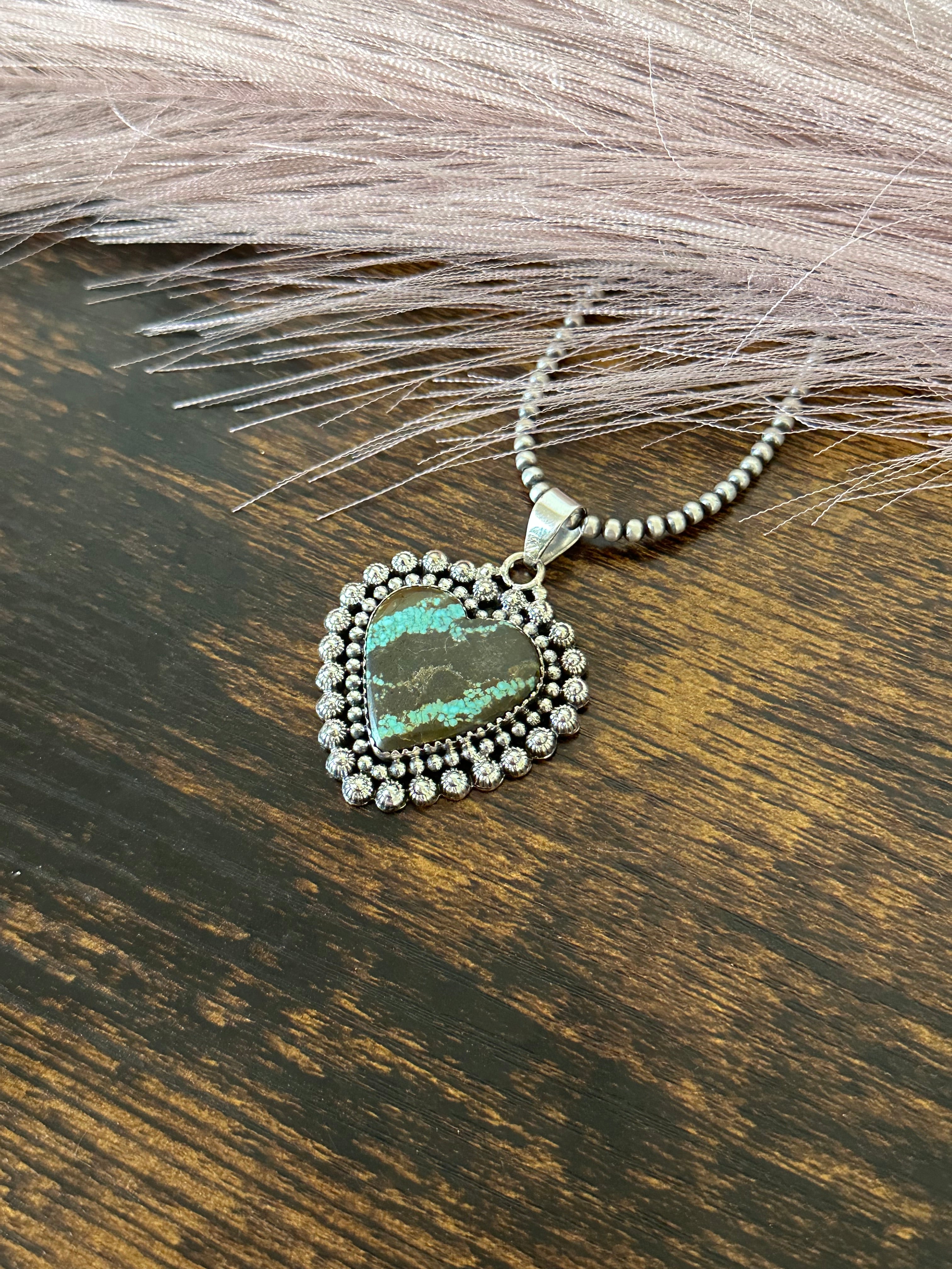 Southwest Handmade Number 8 Turquoise & Sterling Silver Heart Pendant