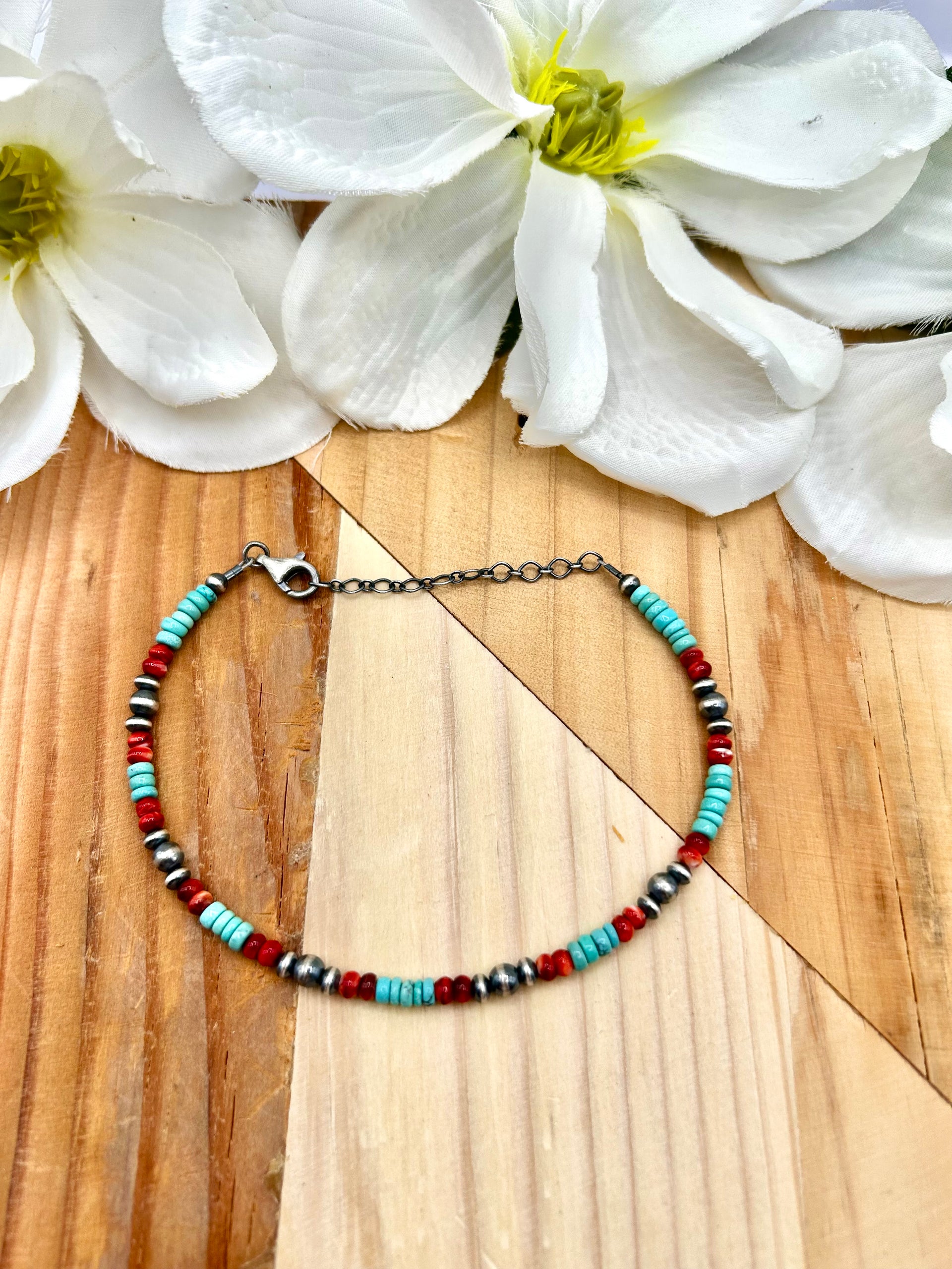 Navajo Made Multi Stone & Sterling Silver Strung Anklet