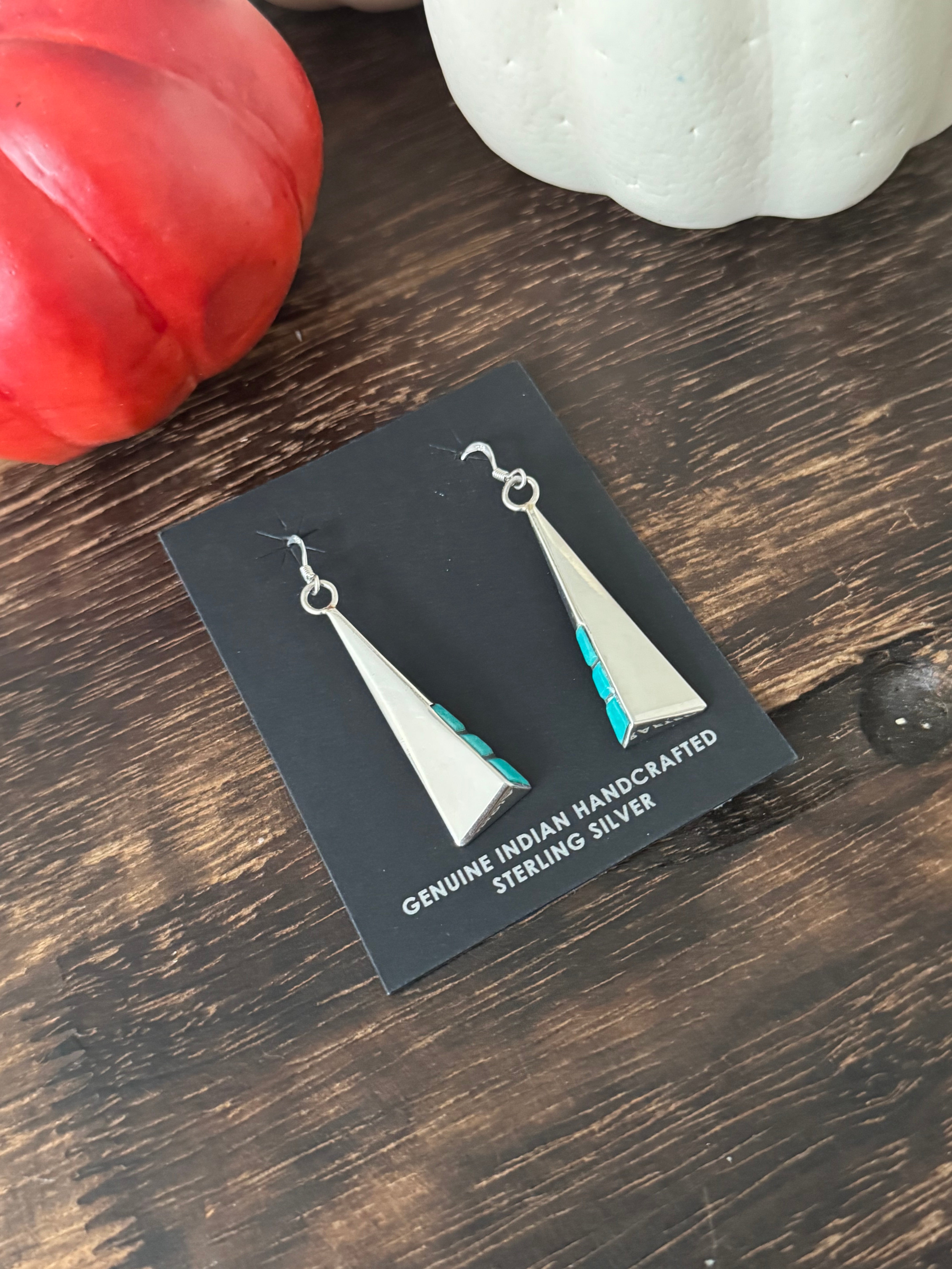 Navajo Made Kingman Turquoise & Sterling Silver Inlay Dangle Earrings