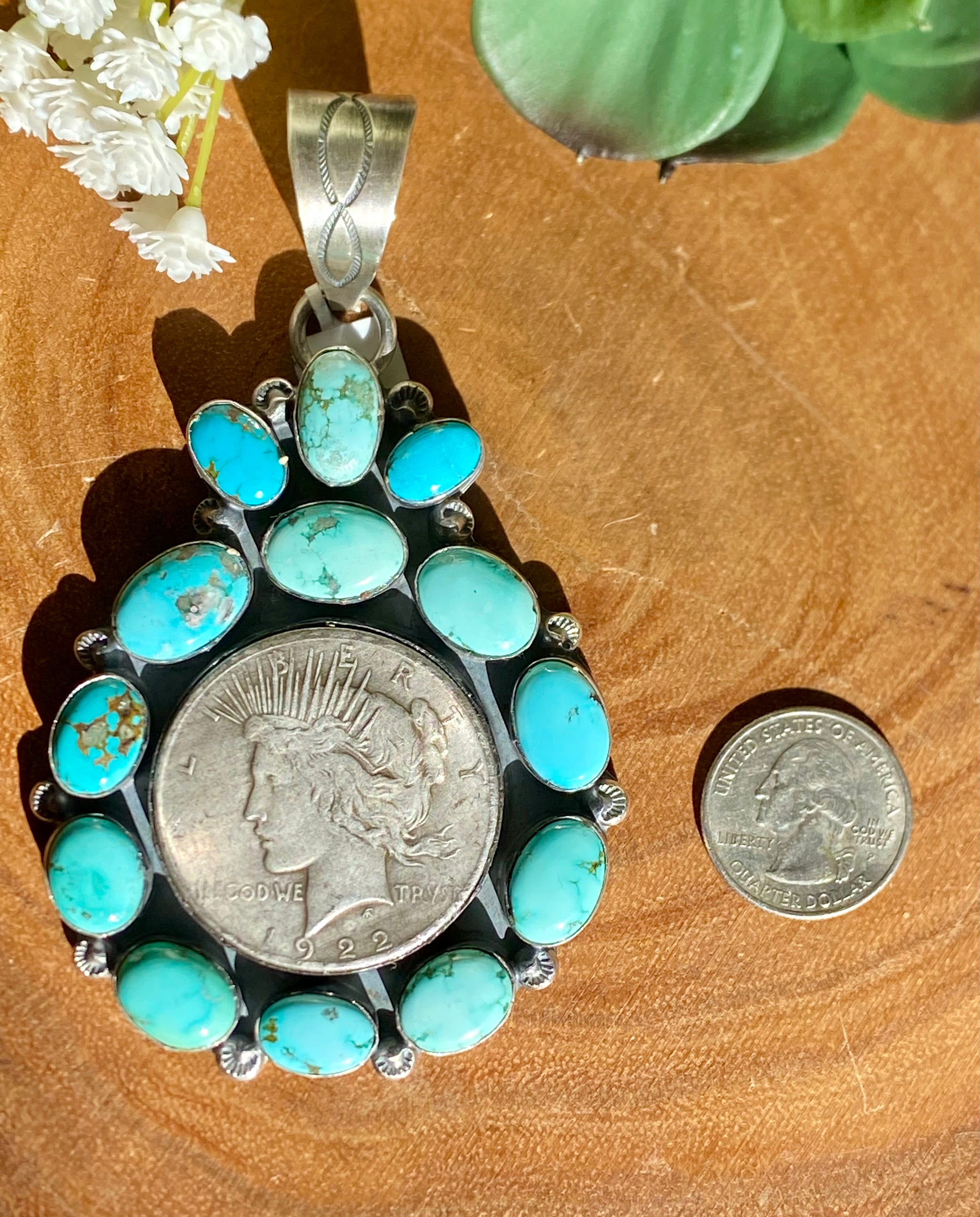 Navajo Made Kingman Turquoise & Sterling Silver 1922 Silver Dollar PENDANT ONLY