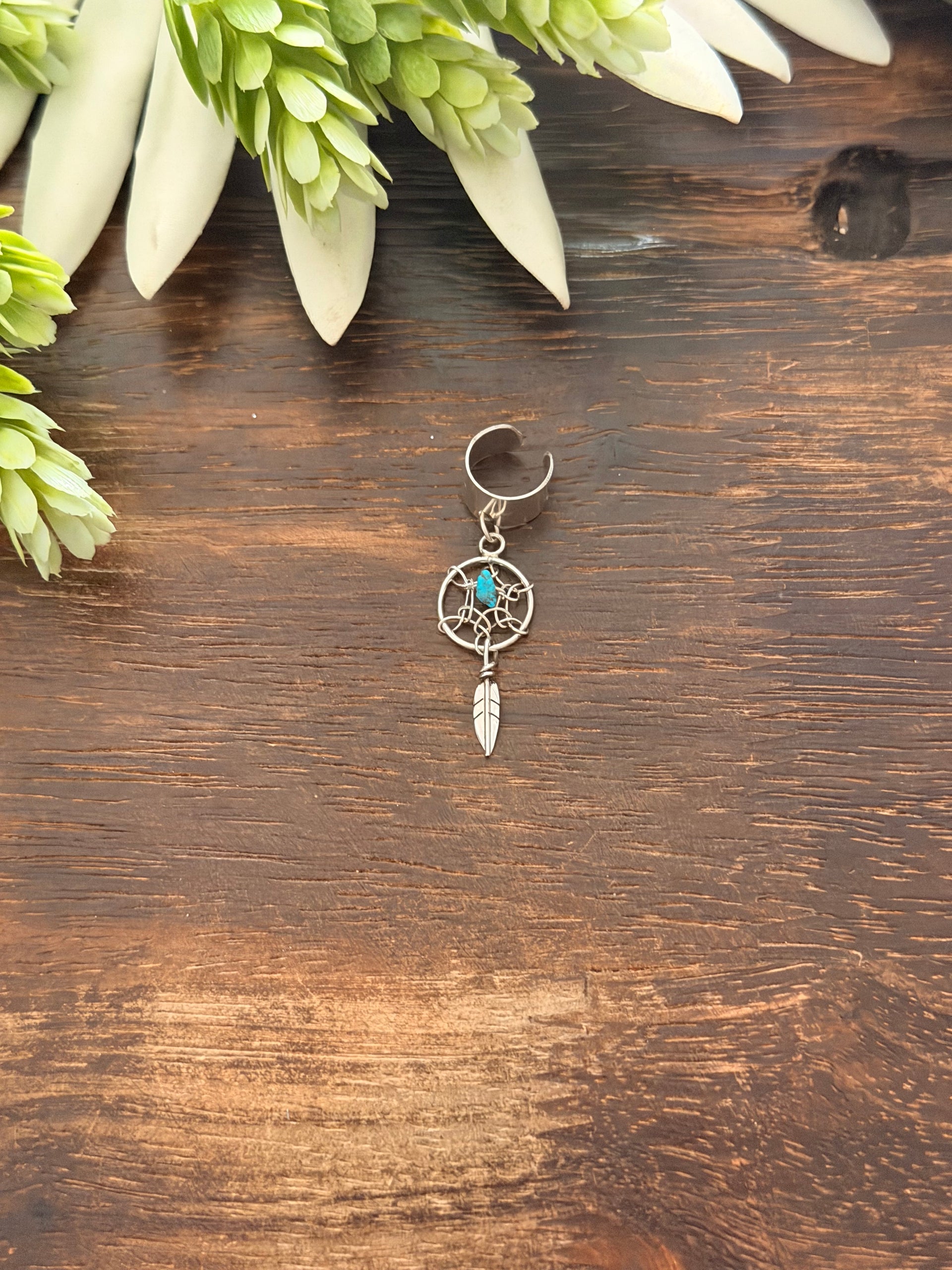 Navajo Made Turquoise & Sterling Silver Dreamcatcher Ear Cuff Earrings