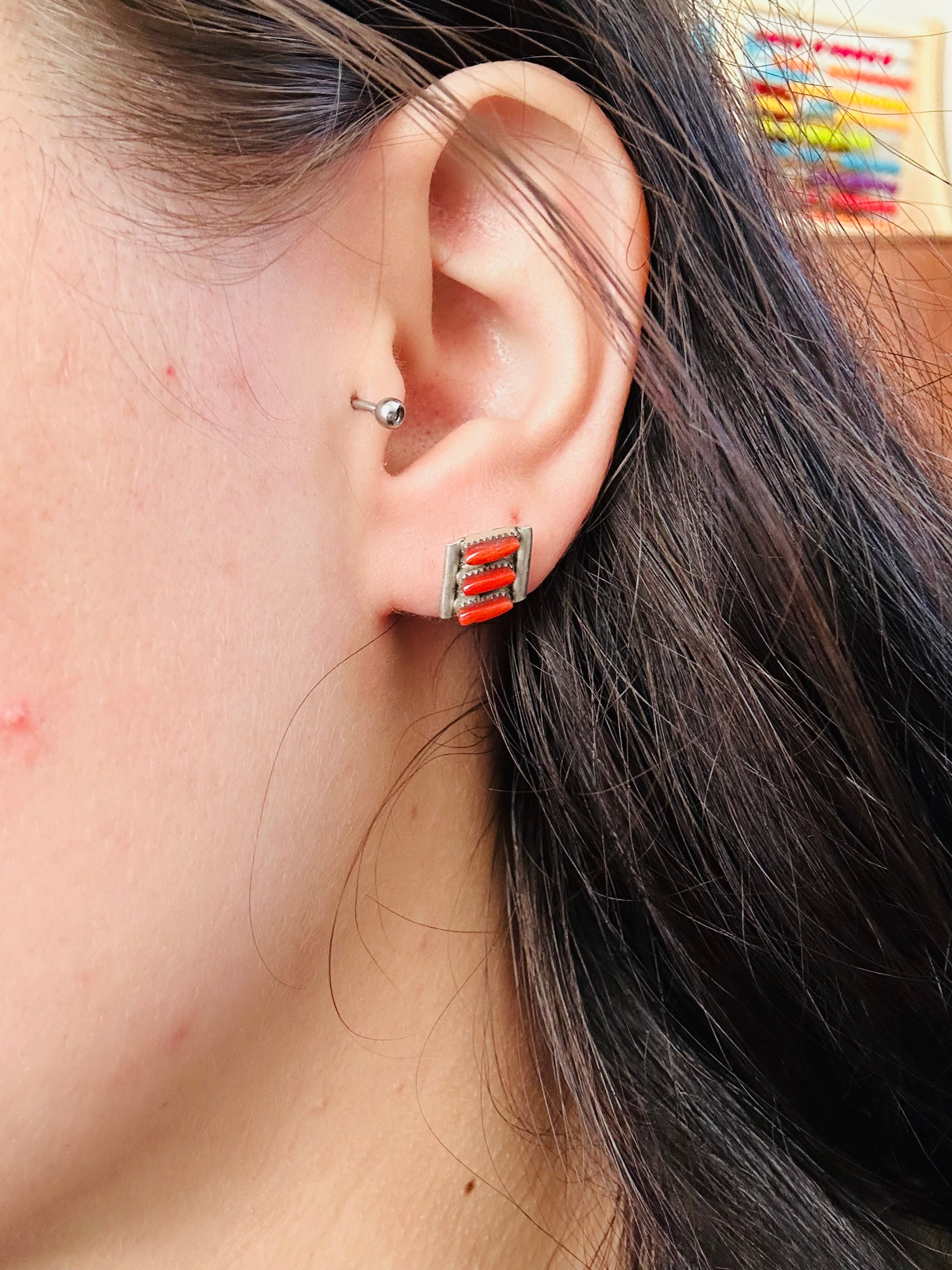 Zuni Made Red Coral & Sterling Silver Post Cluster Earrings