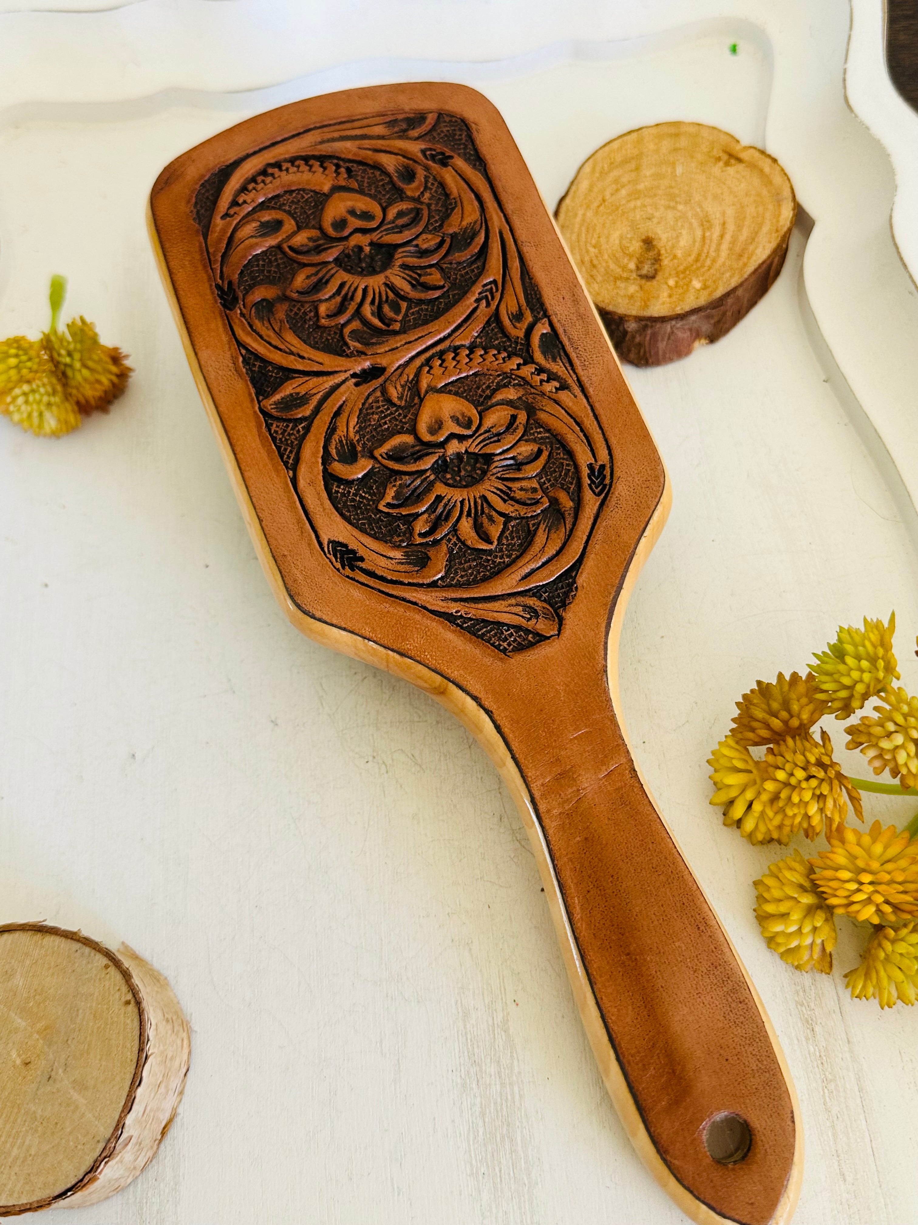 Genuine Tooled Leather Hair Brush