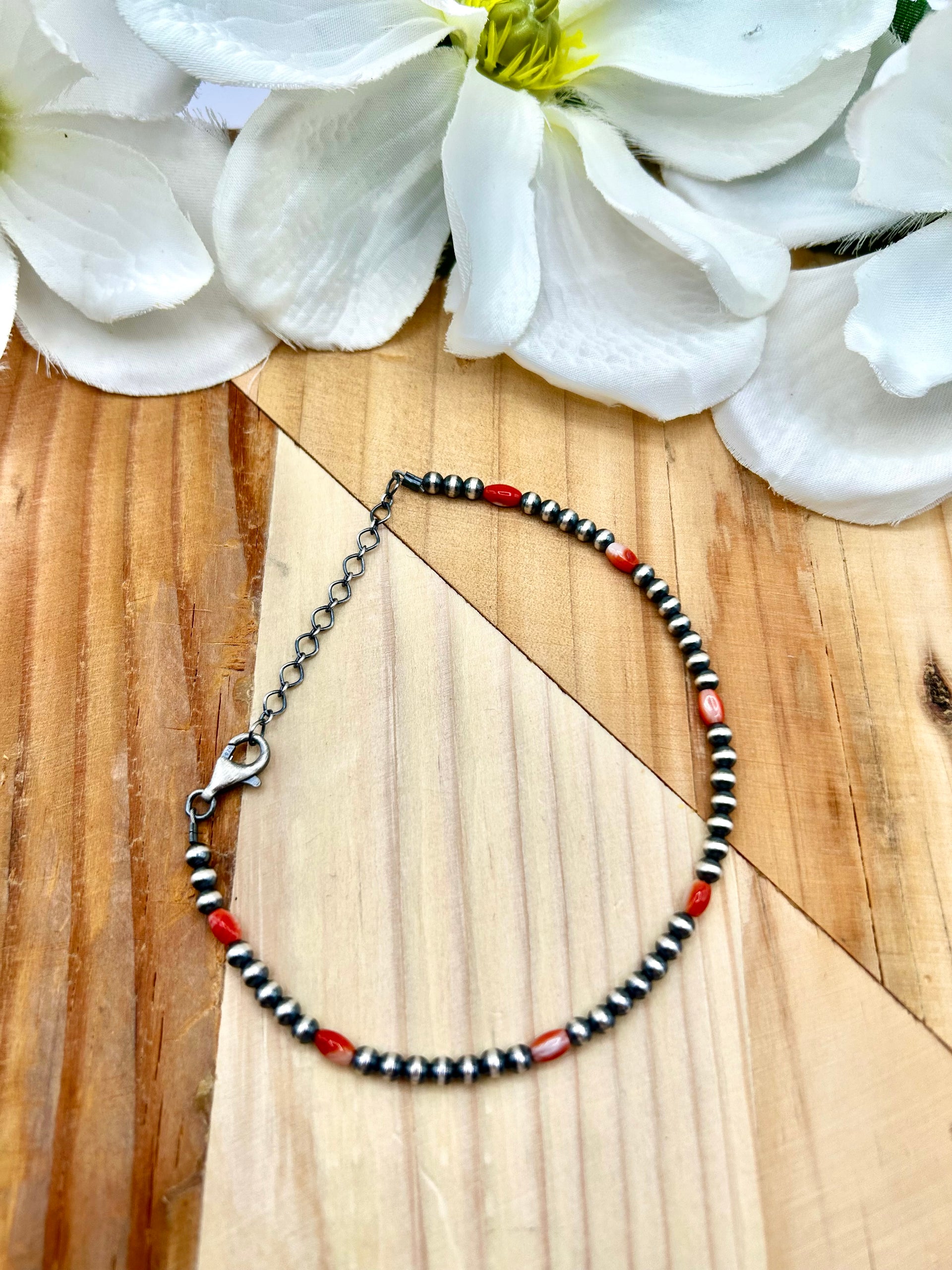 Navajo Made Spiny Oyster & Sterling Silver Strung Anklet