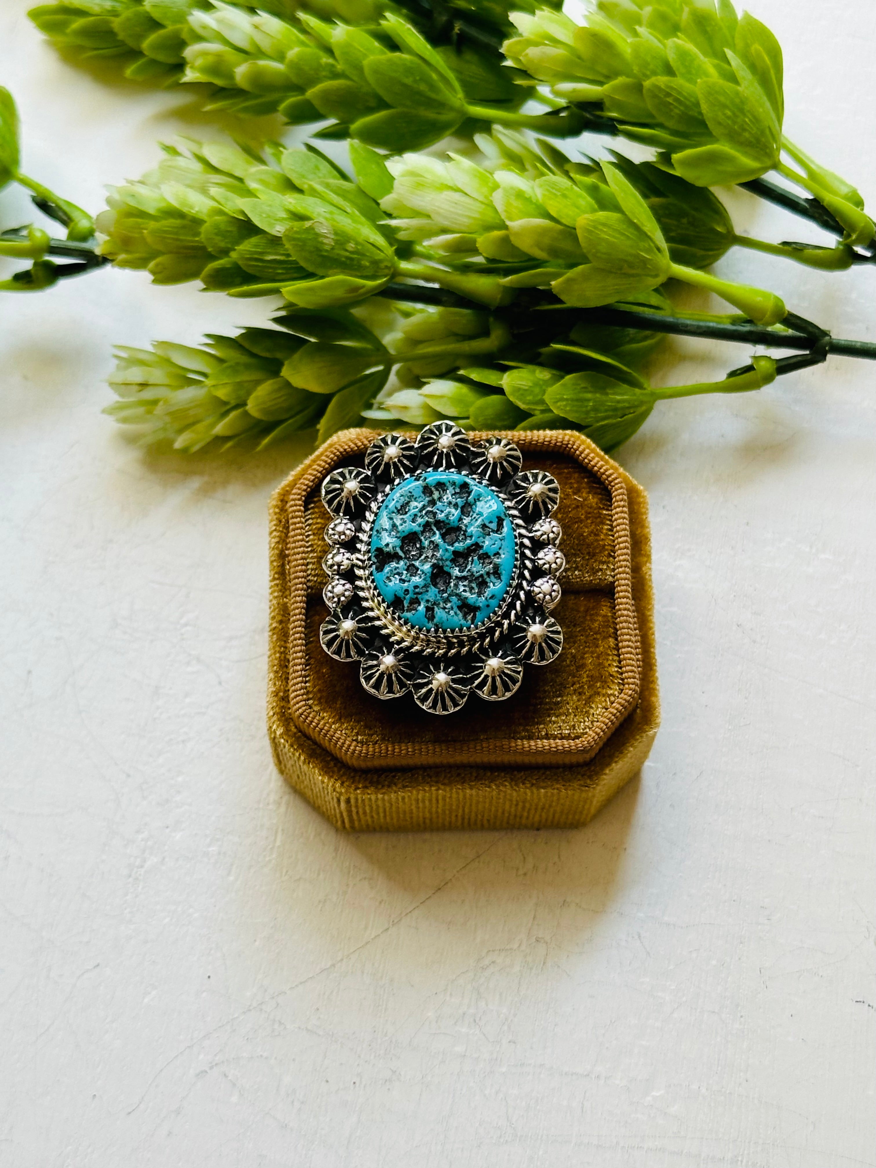 Navajo Handmade Kingman Turquoise & Sterling Silver Ring Size 9.75