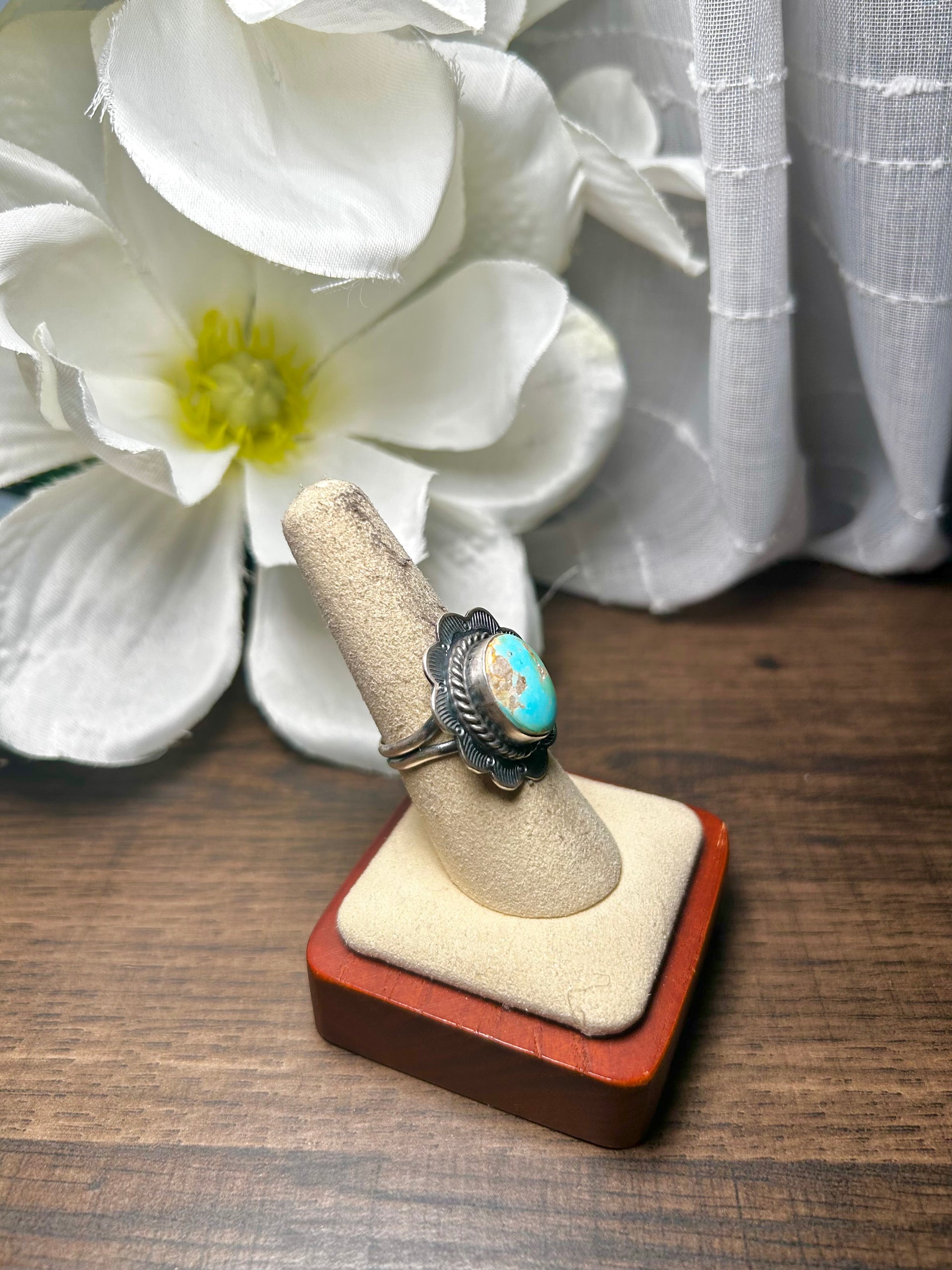 Navajo Made Sonoran Mountain Turquoise & Sterling Silver Ring Size 7.75