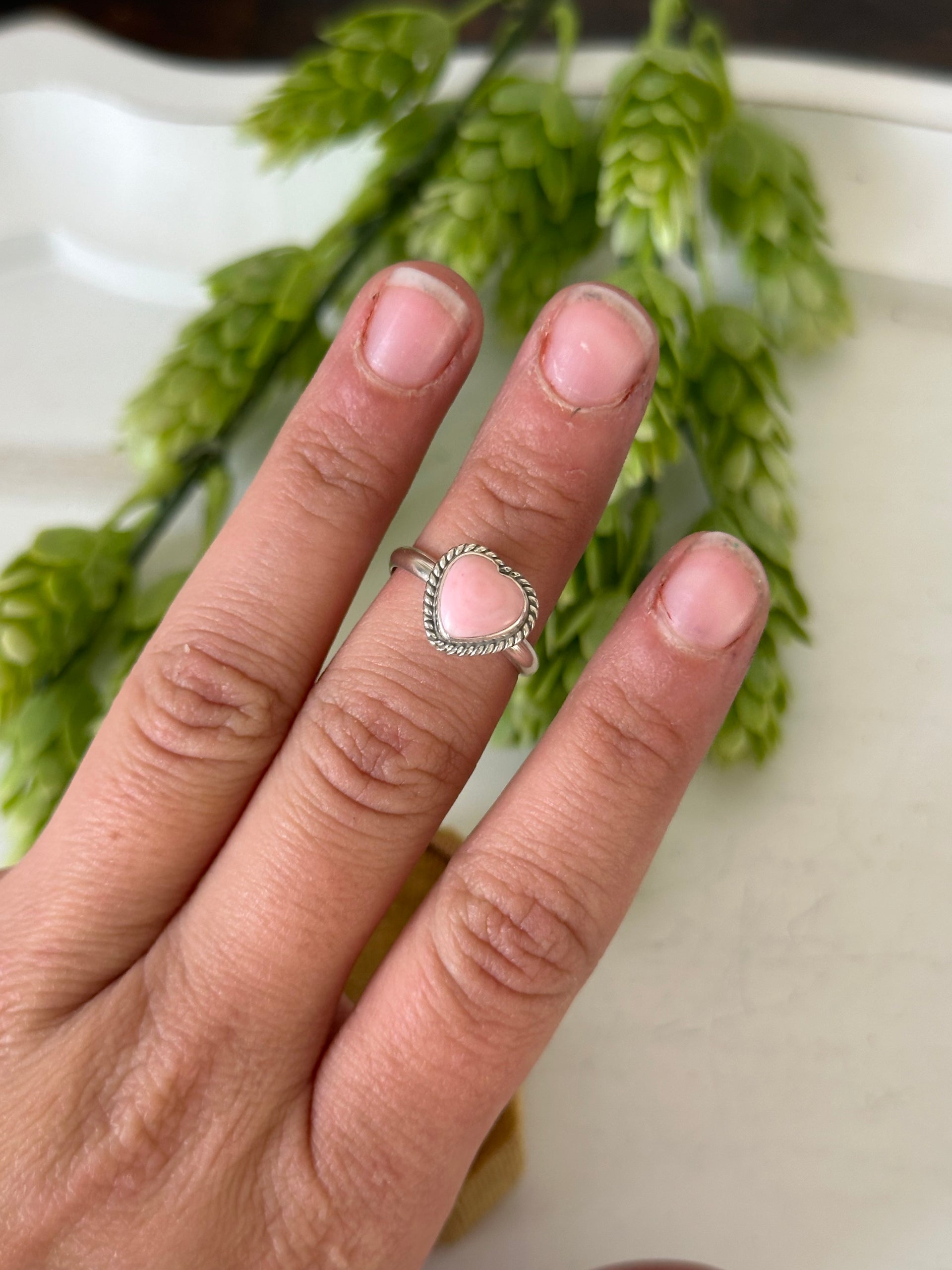 Navajo Made Pink Conch & Sterling Silver Adjustable Heart Ring