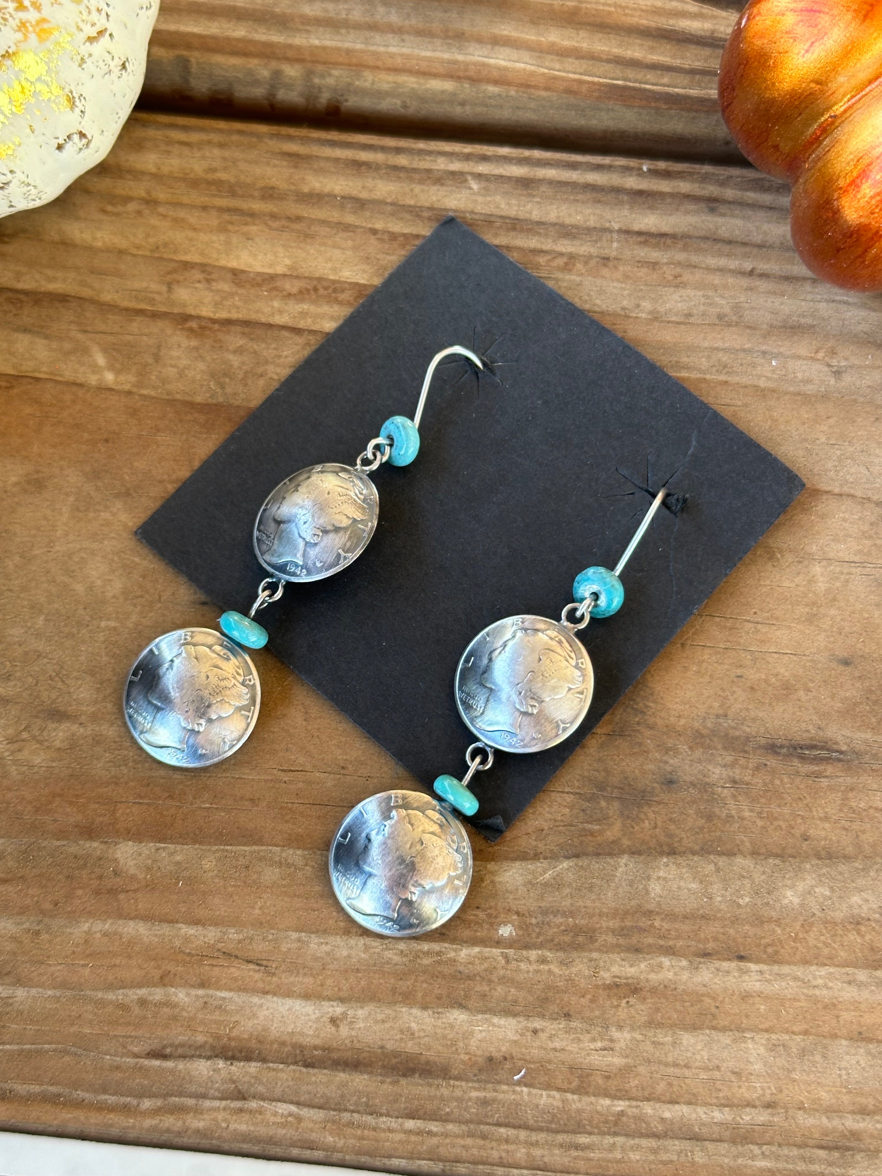Navajo Made Kingman Turquoise & Sterling Silver Dime Dangle Earrings