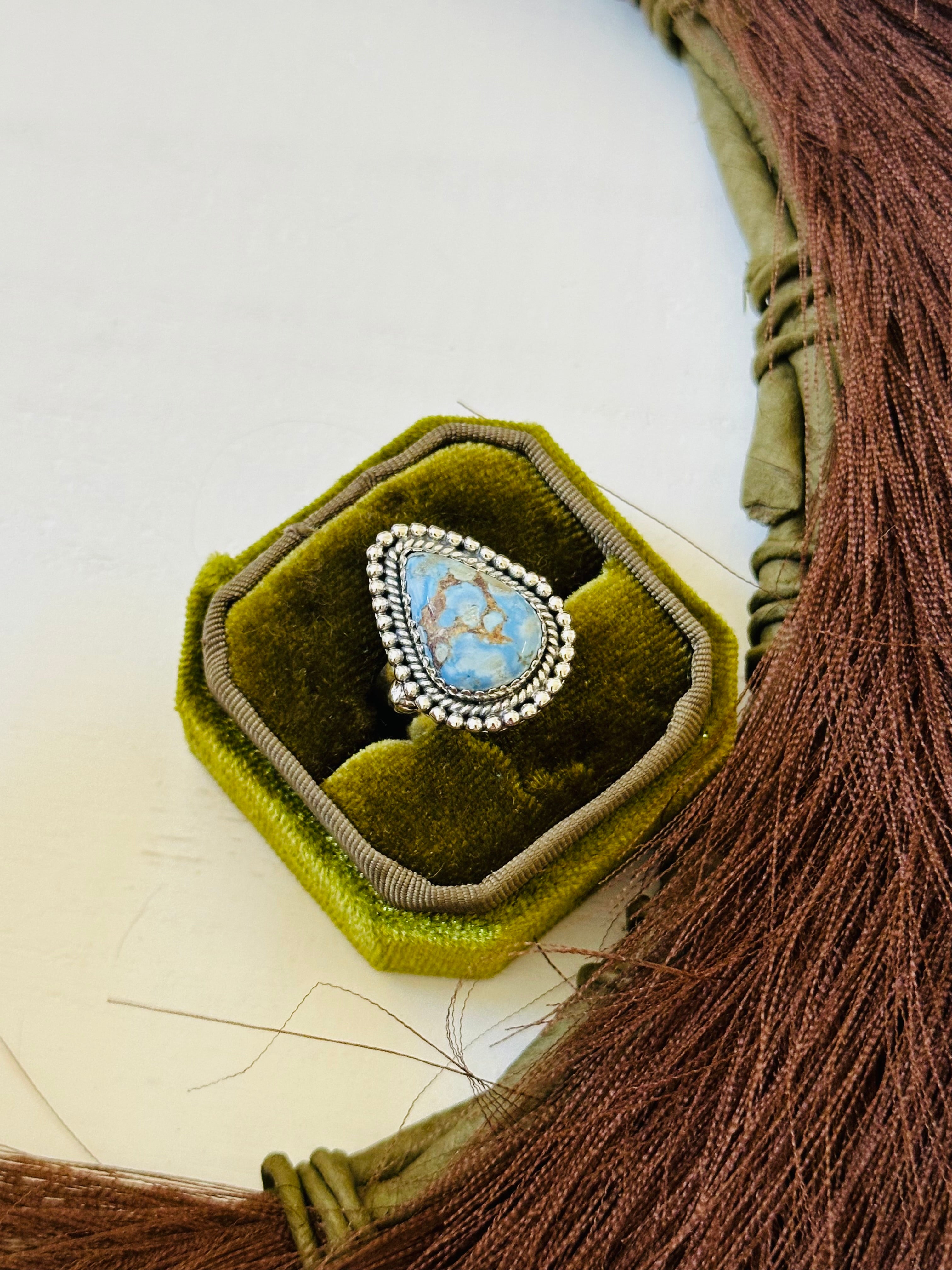 Southwest Handmade Golden Hills Turquoise & Sterling Silver Ring Size 6.75