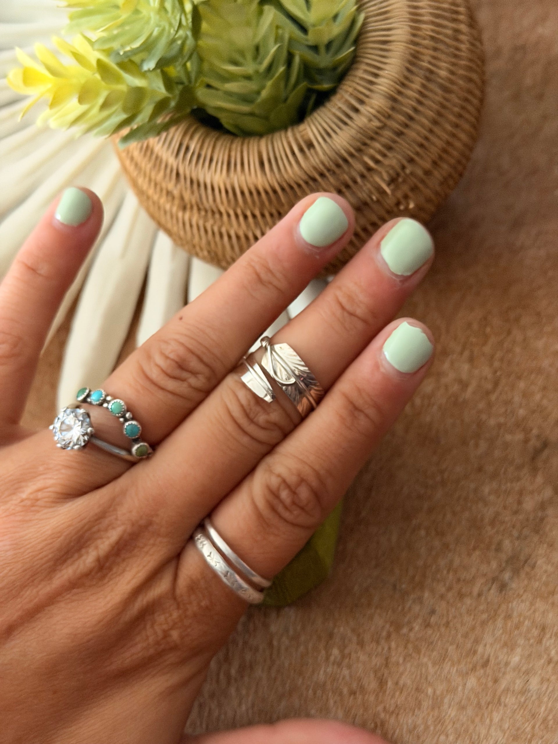 Navajo Made Sterling Silver Feather Adjustable Ring