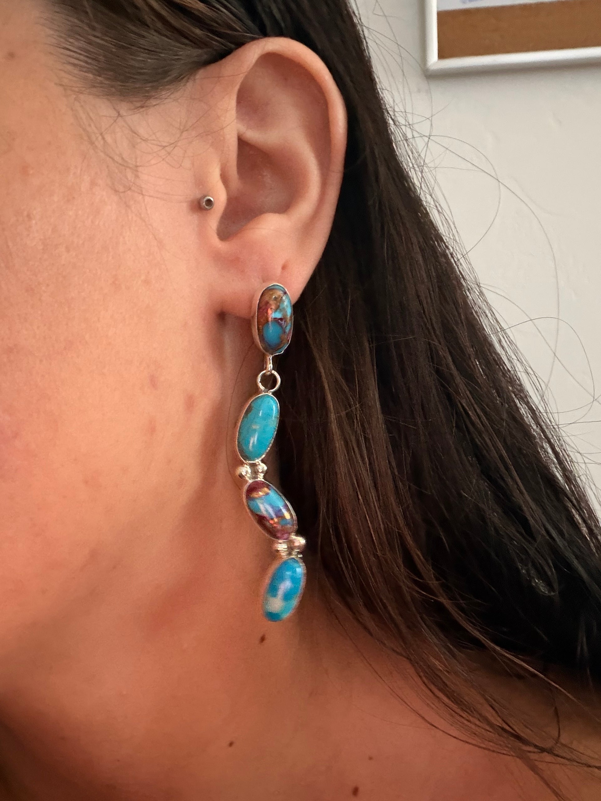 Navajo Made Mohave Turquoise & Sterling Silver Post Dangle Earrings