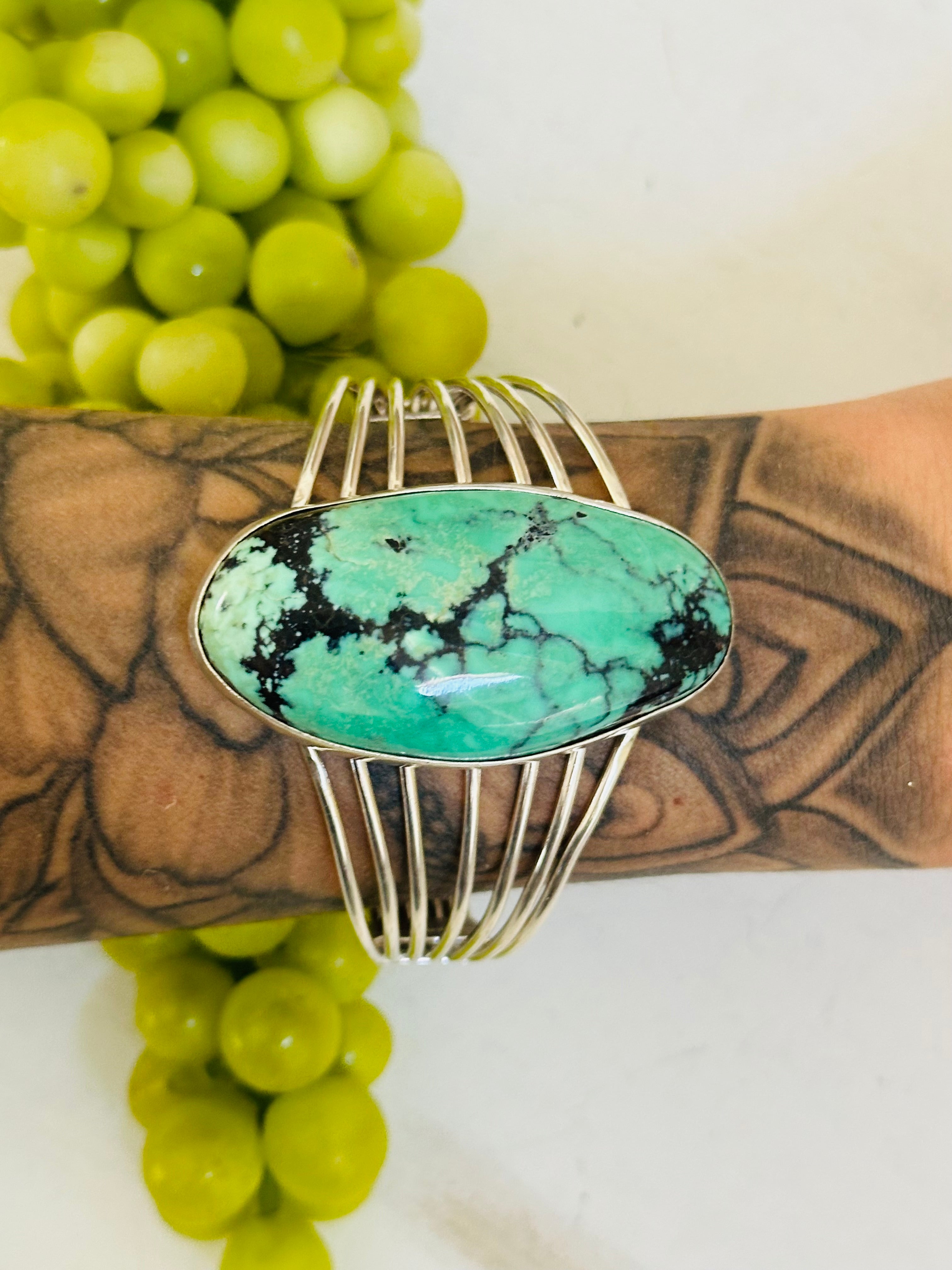 Navajo Made Natural New Lander Variscite & Sterling Silver Cuff Bracelet