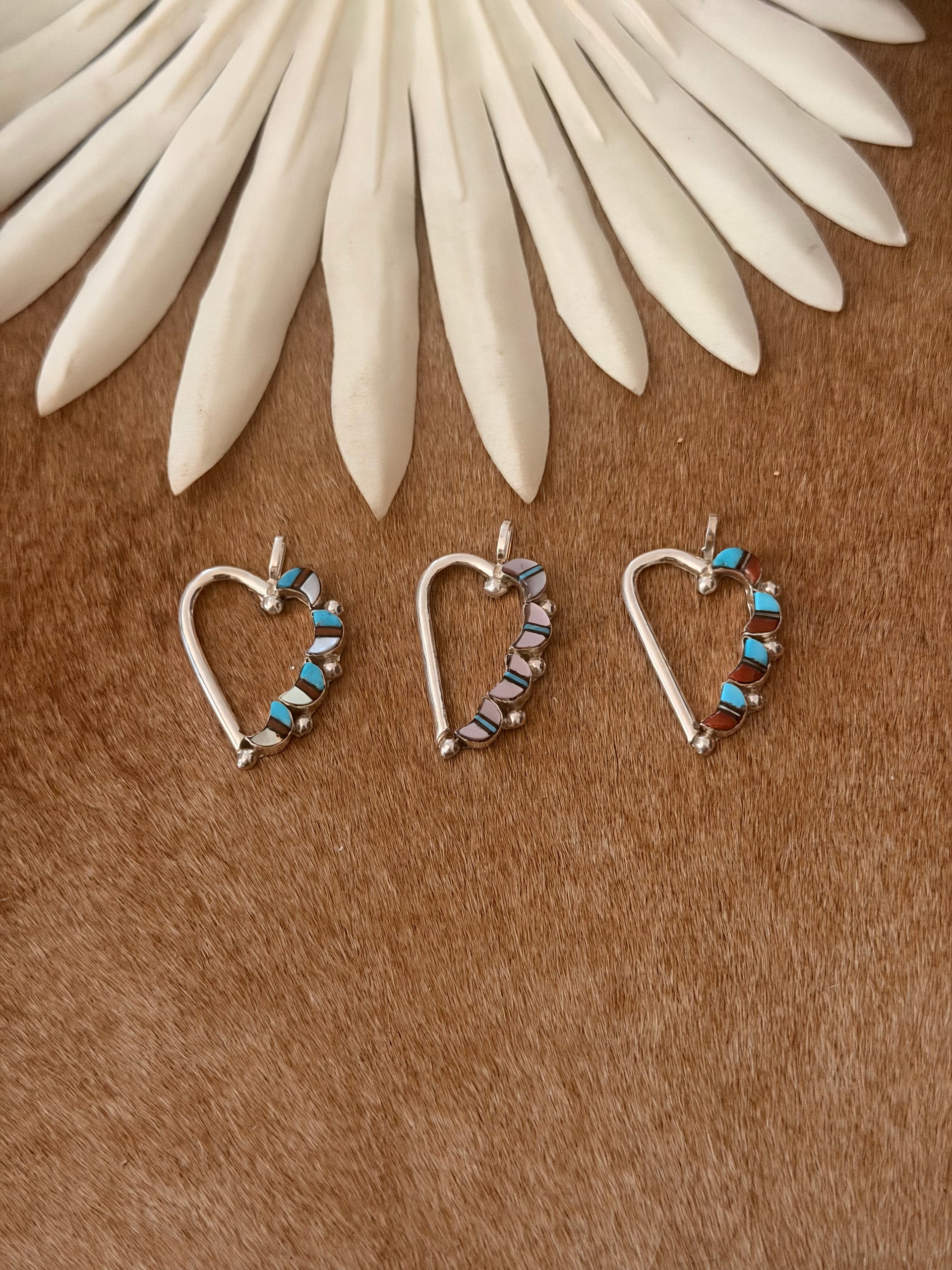 Zuni Made Multi Stone & Sterling Silver Inlay Heart Pendant