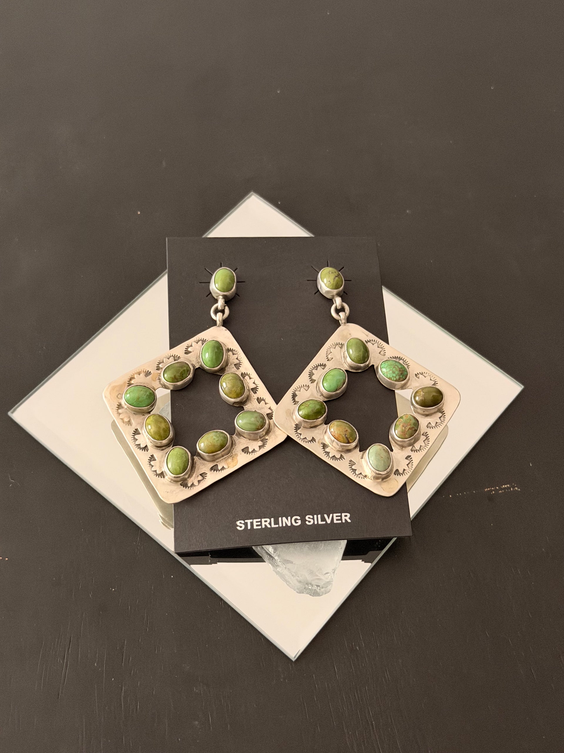 Navajo Made Hubei Turquoise & Sterling Silver Post Dangle Cluster Earrings