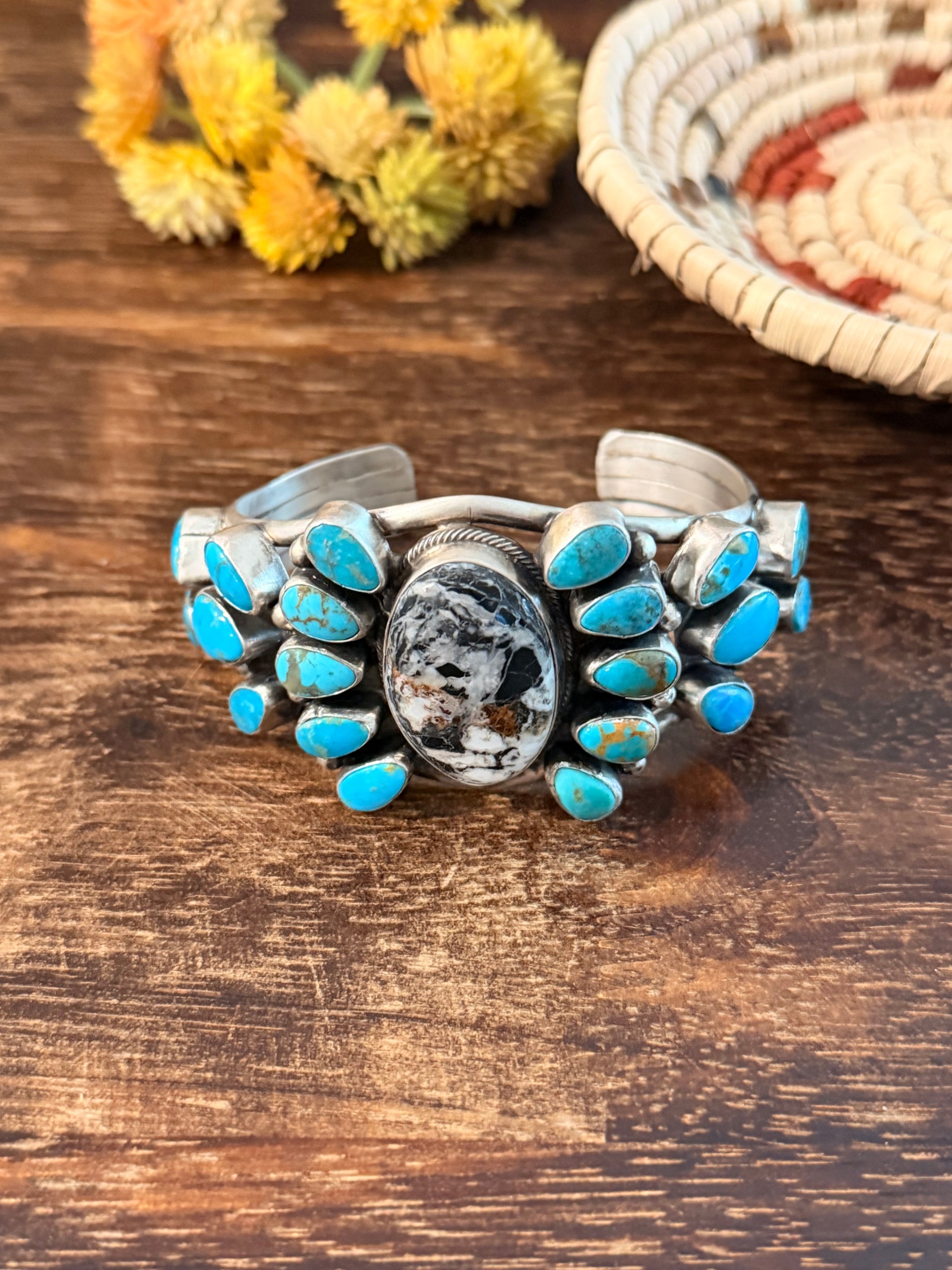 Bobby Johnson Multi Stone & Sterling Silver Cluster Cuff Bracelet