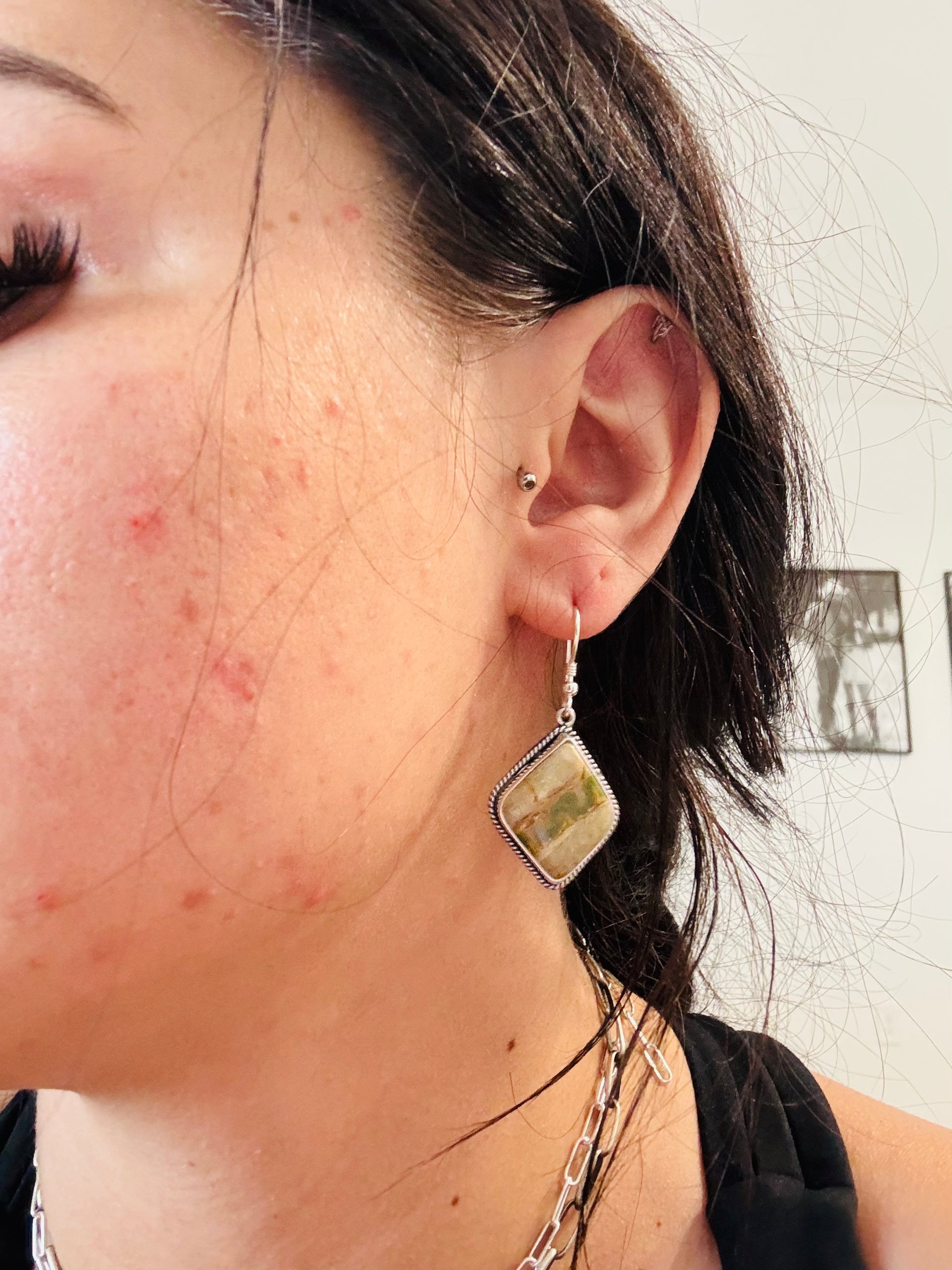 Southwest Handmade Ribbon Royston Turquoise & Sterling Silver Dangle Earrings