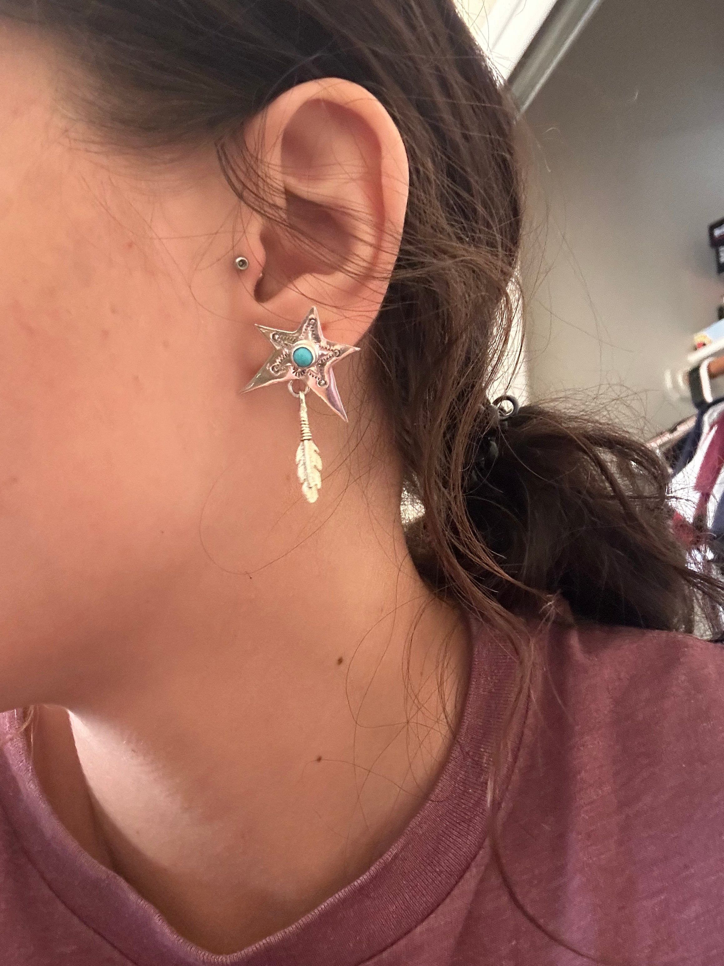 Navajo Made Kingman Turquoise & Sterling Silver Post Dangle Star Earrings