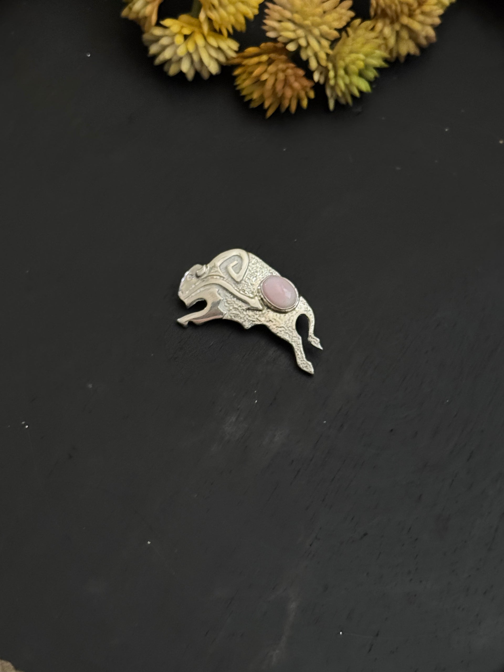 Navajo Made Pink Conch & Sterling Silver Buffalo Pin