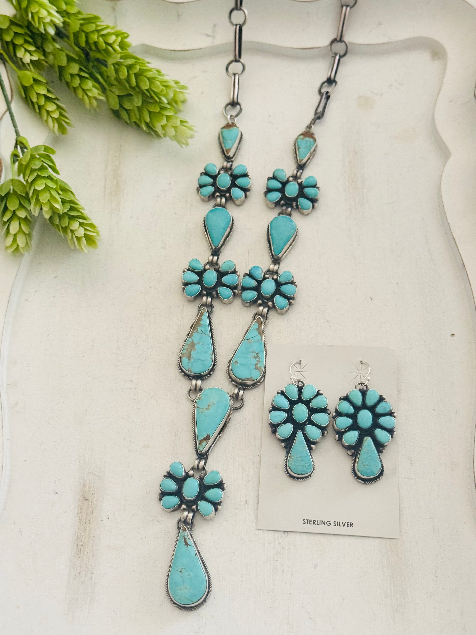 Betty Tom Mine 8 Turquoise & Sterling Silver Cluster Lariat Necklace Set