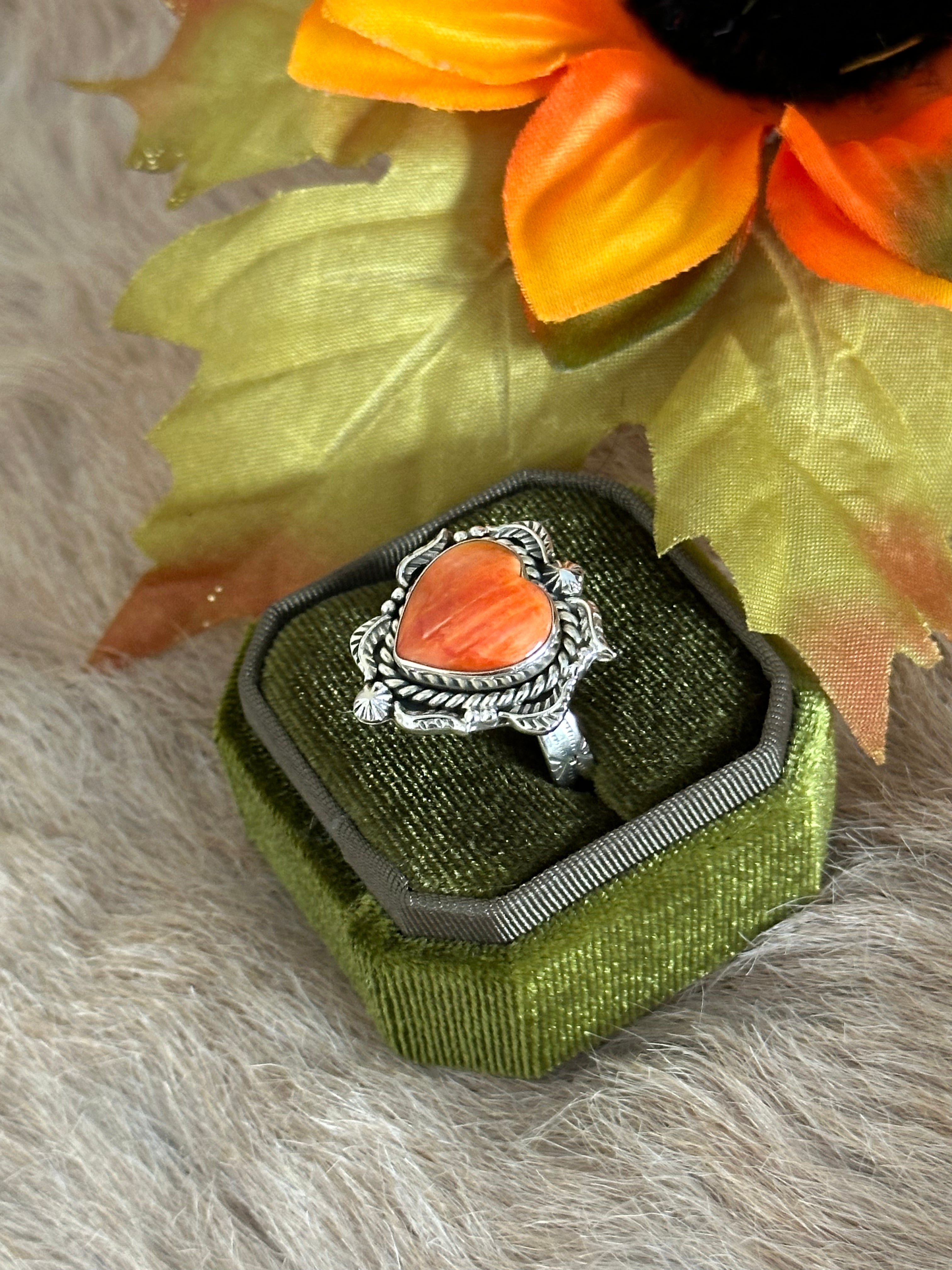 Southwest Handmade Spiny Oyster & Sterling Silver Adjustable Heart Ring