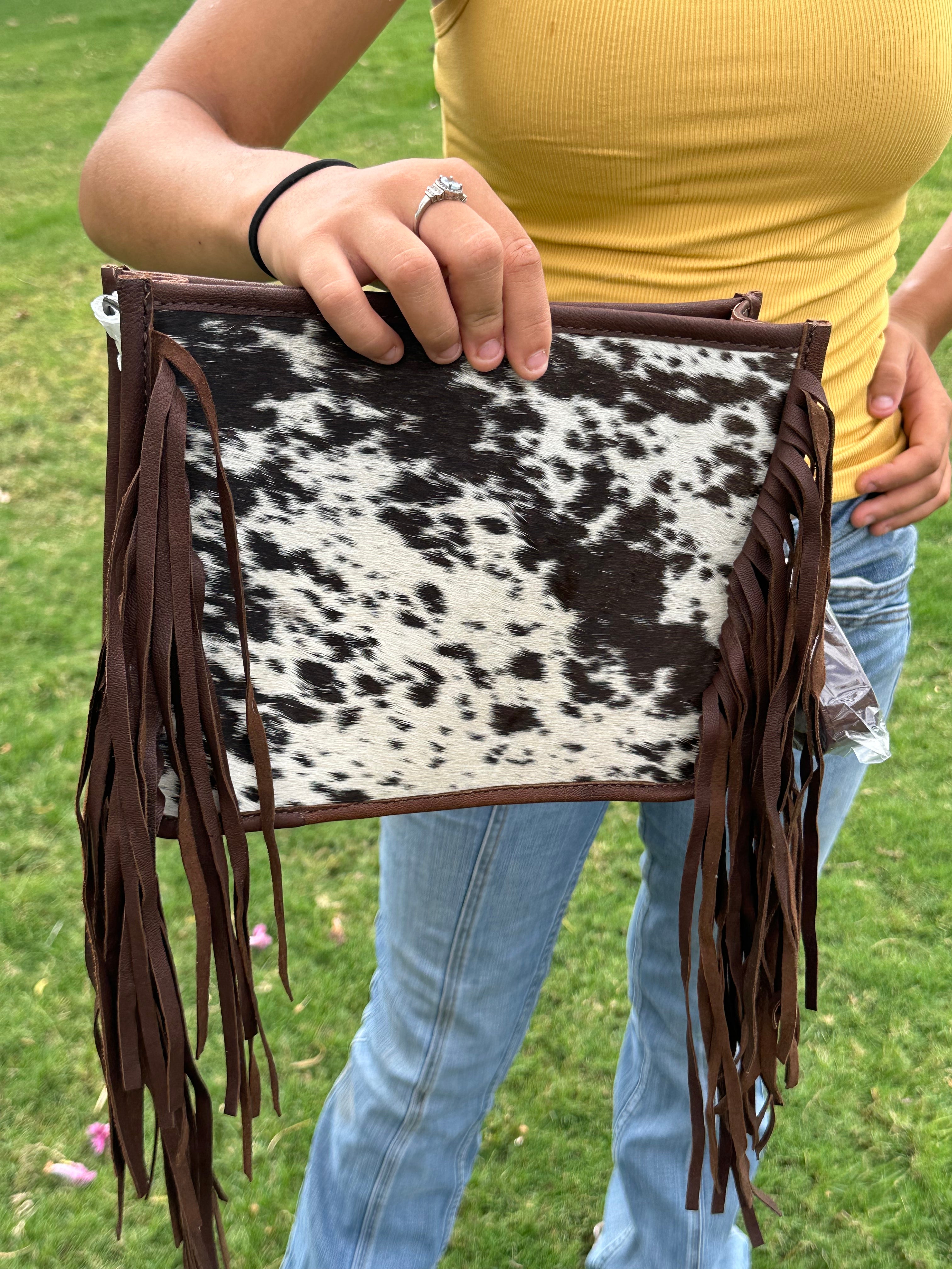 Genuine Leather Cowhide Cross Body Fringe Purse