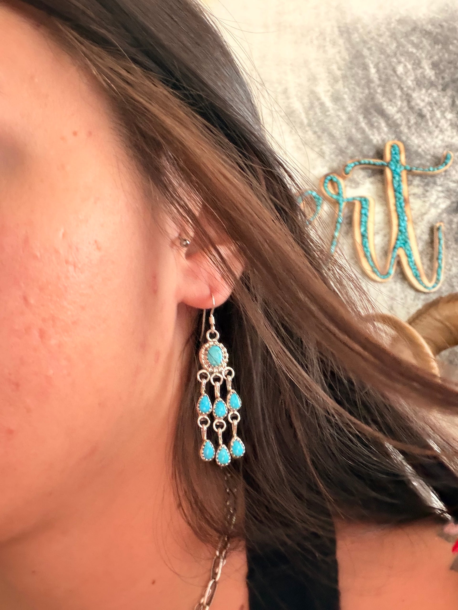 Navajo Made Kingman Turquoise & Sterling Silver Cluster Dangle Earrings