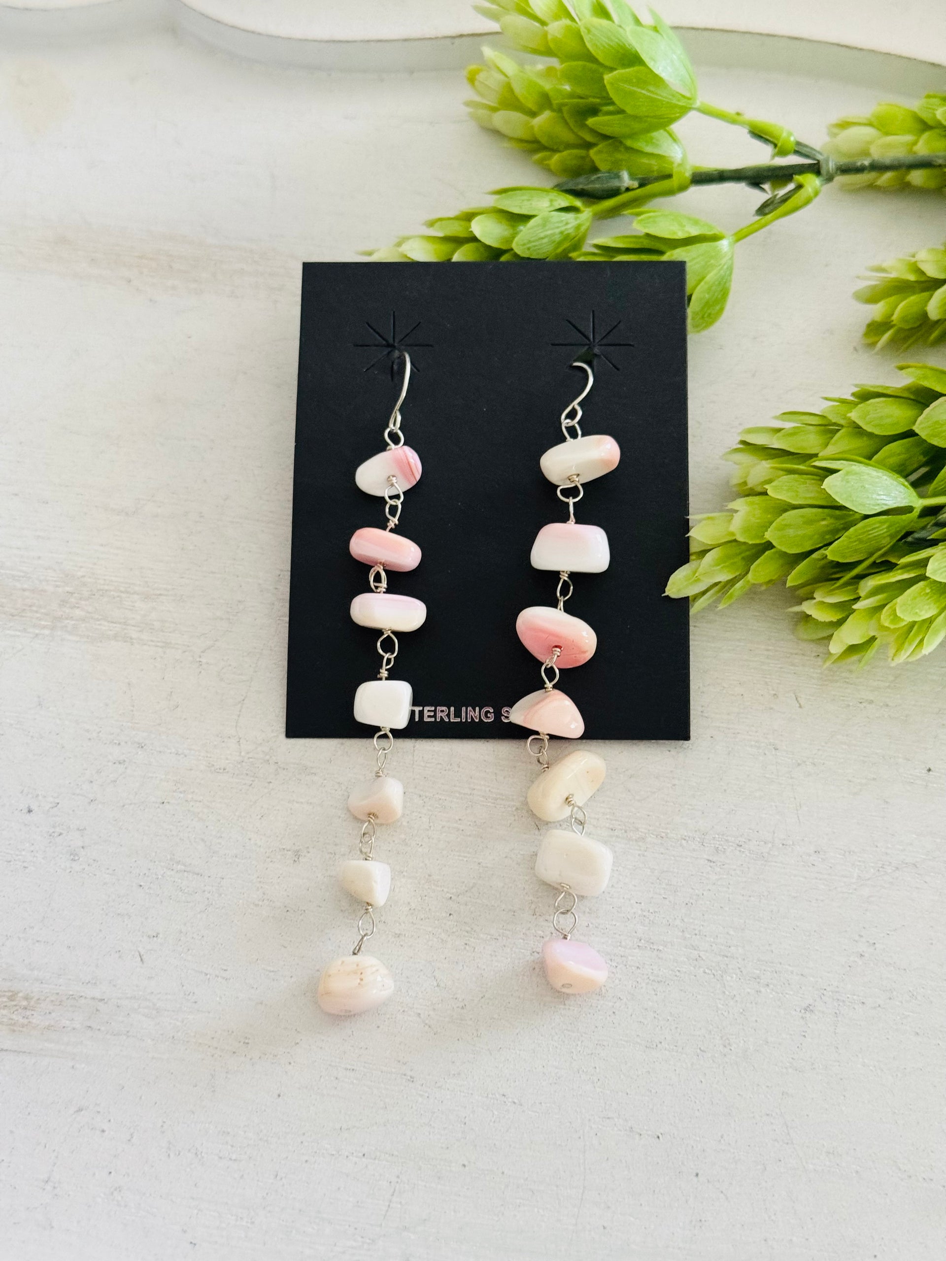 Southwest Made Pink Conch & Sterling Silver Dangle Earrings