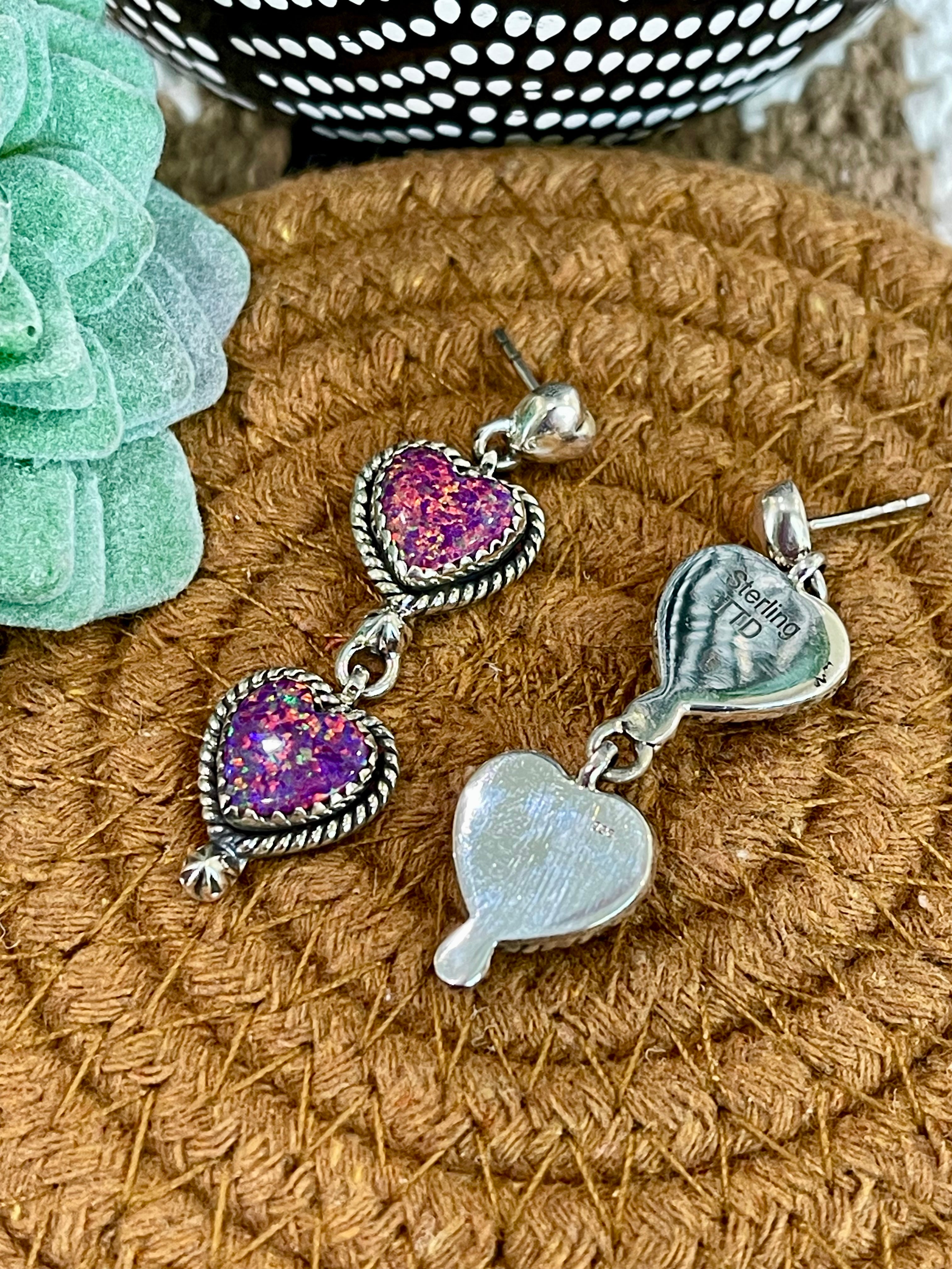 Southwest Handmade Opal & Sterling Silver Post Dangle Heart Earrings