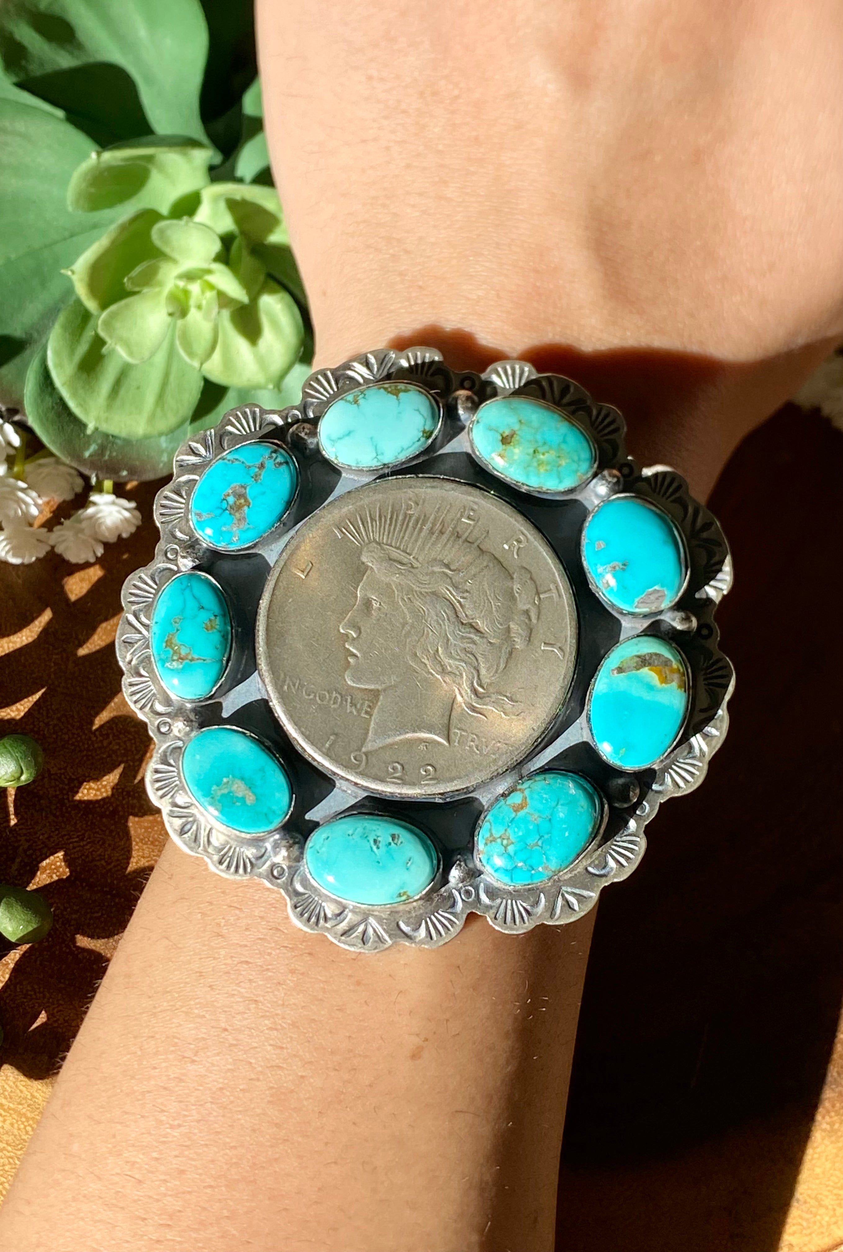 Boyd Ashley Kingman Turquoise & Sterling Silver 1922 Silver Dollar Cuff Bracelet