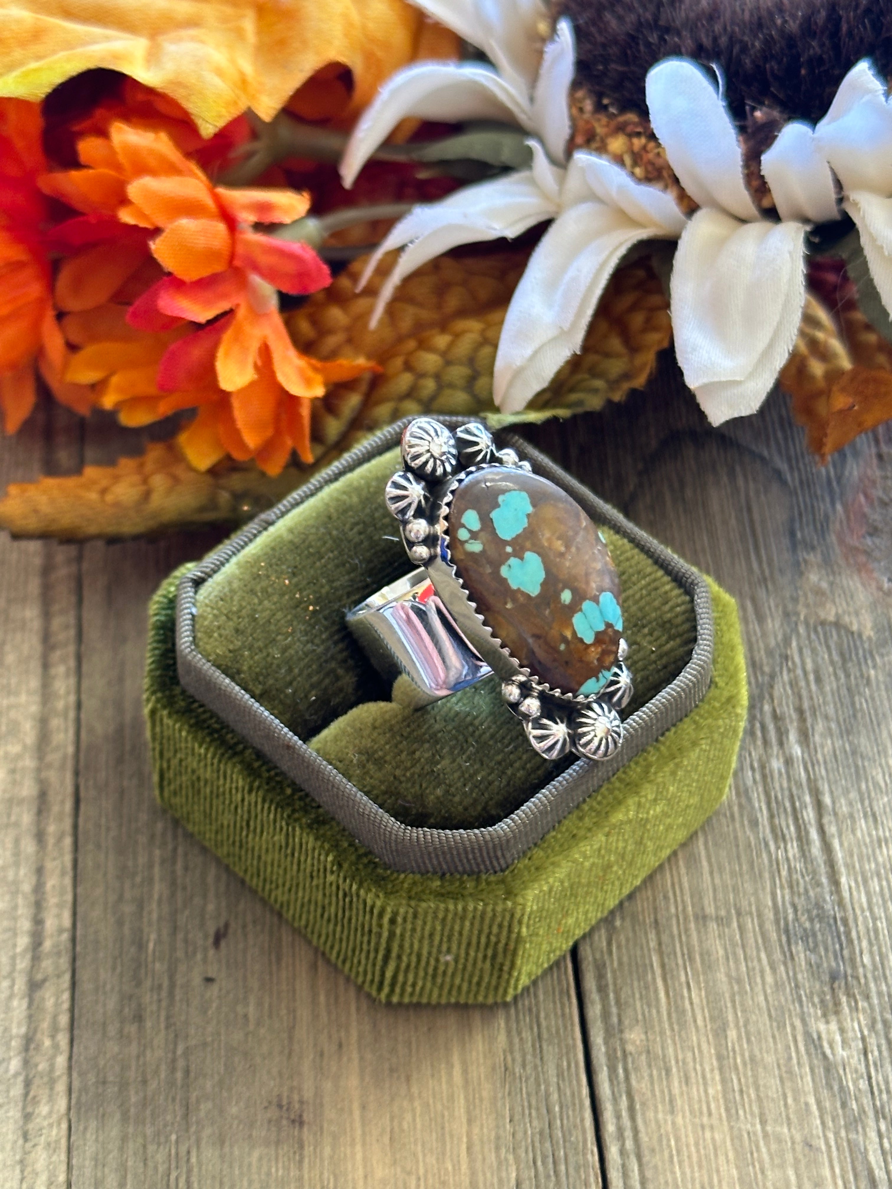 Southwest Handmade #8 Turquoise & Sterling Silver Adjustable Ring