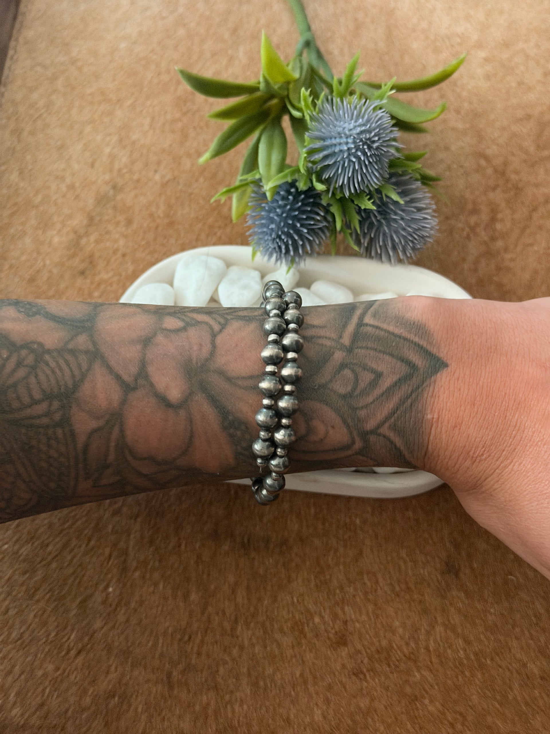 Navajo Strung Sterling Silver Beaded Pearl Bracelet